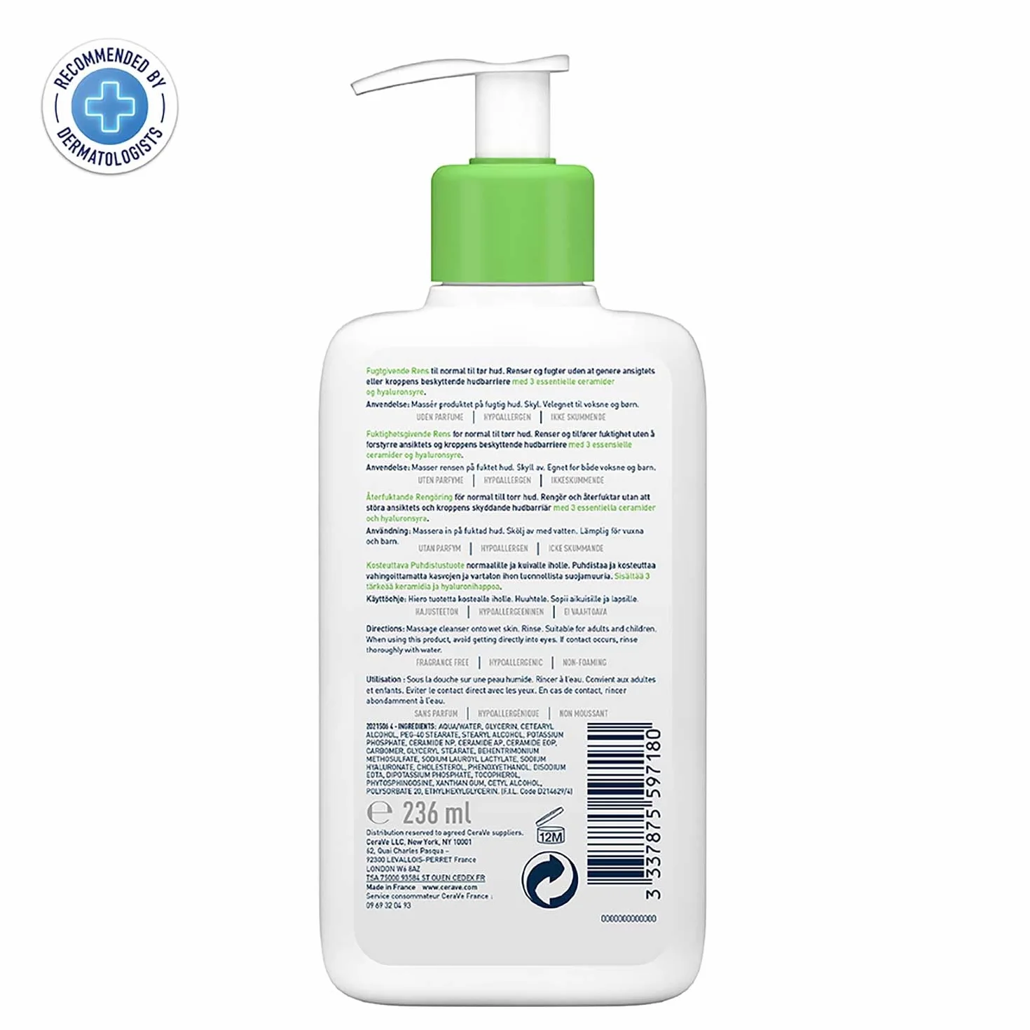 CeraVe lozione detergente idratante per pelli da normali a secche, pulizia delicata per il corpo e il viso, con 3 ceramidi essenziali e ialurone 236 m