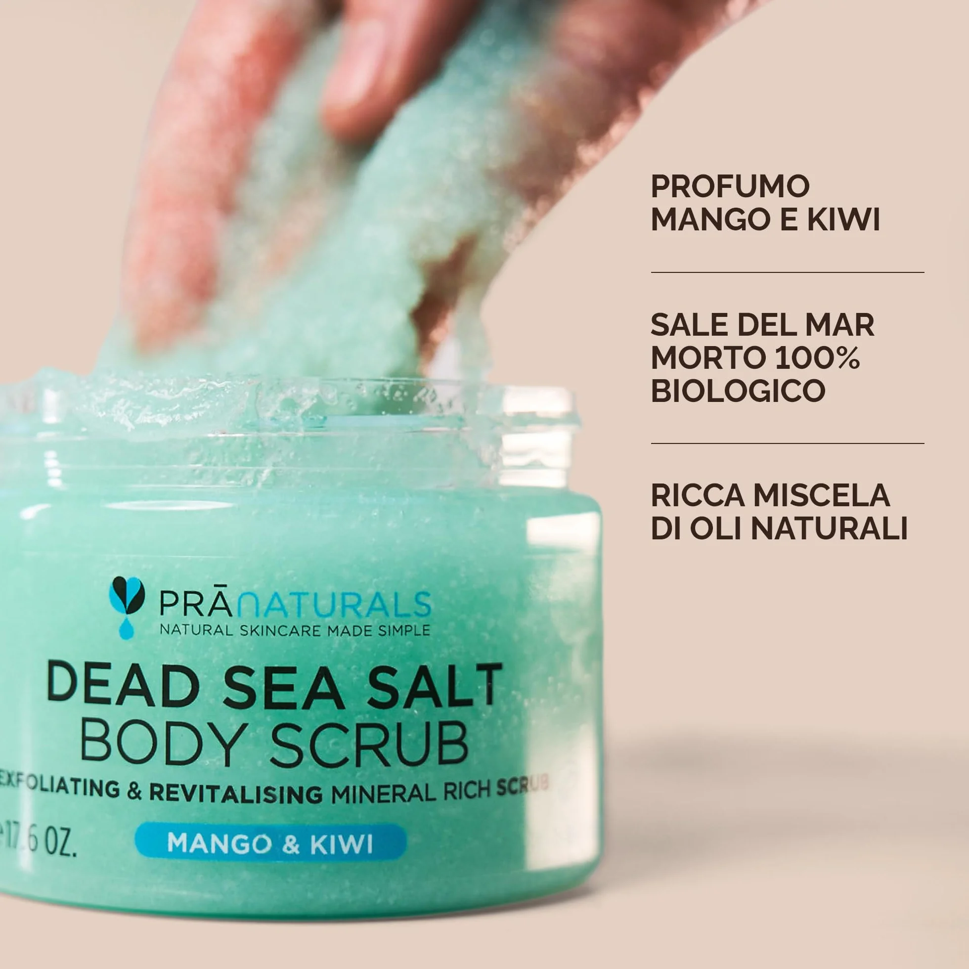 Pranaturals Scrub Corpo Rivitalizzante ai Sali del Mar Morto 500g Esfoliante Nutriente Mango Kiwi