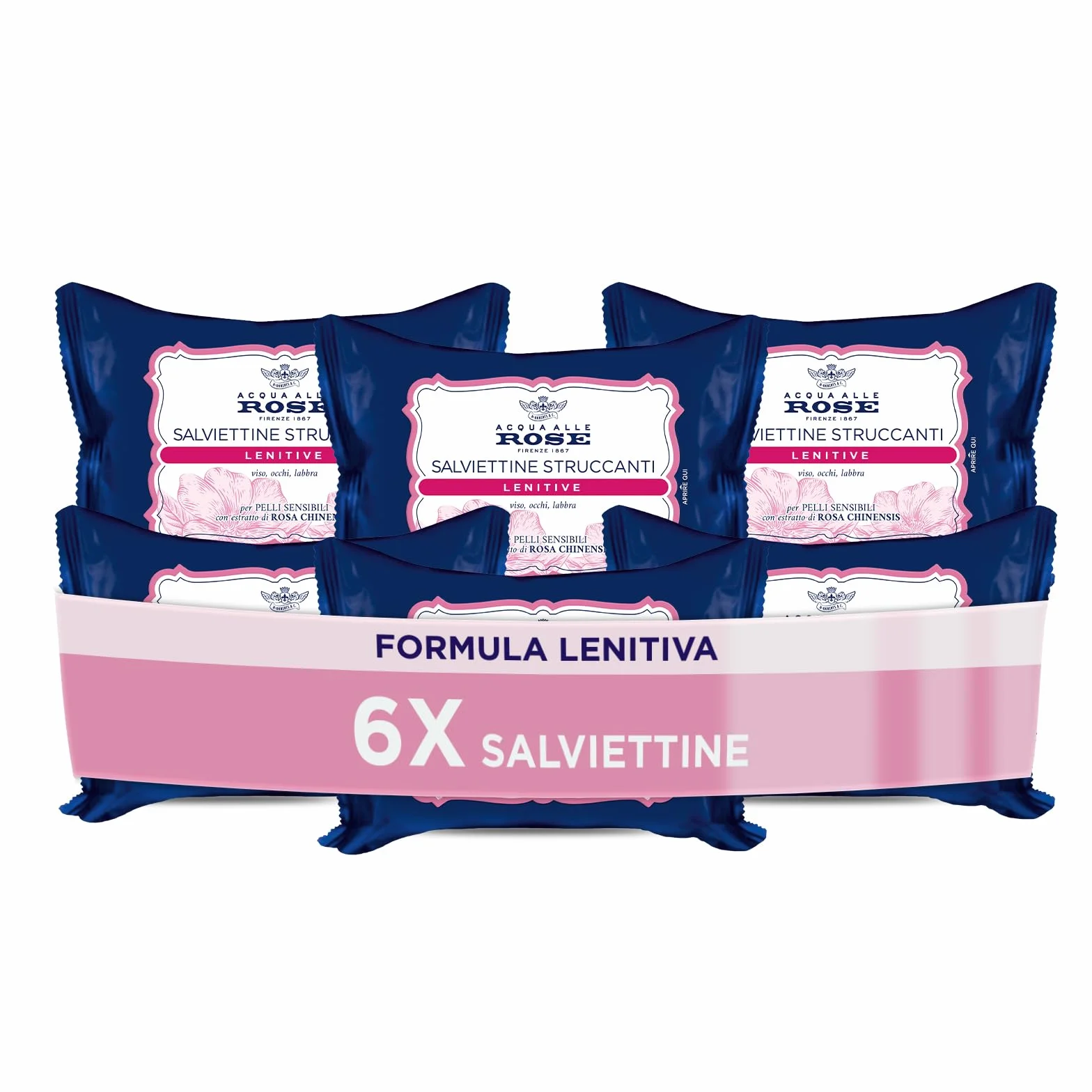 Acqua alle Rose Salviettine Struccanti Lenitive per Pelli Sensibili, Rosa Chinensis, 6 Confezioni da 20 pz