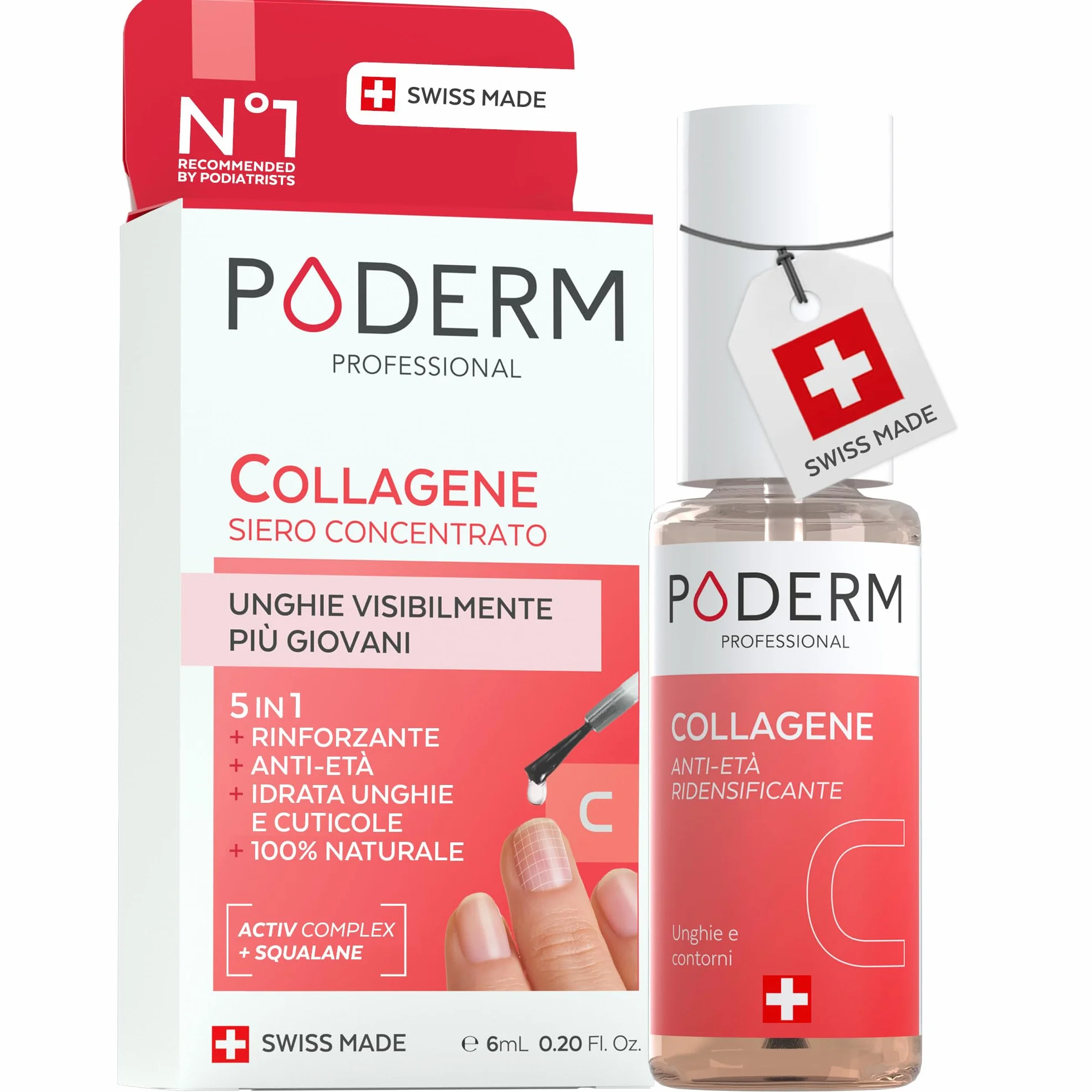 Poderm 5 in 1 Siero Booster Unghie - Collagene | Trattamento Ridensificante & Anti-Età per Unghie Indebolite - 6 ML | Idrata & Rafforza | 100% Naturale - Sviluppato da un Podologo in Svizzera