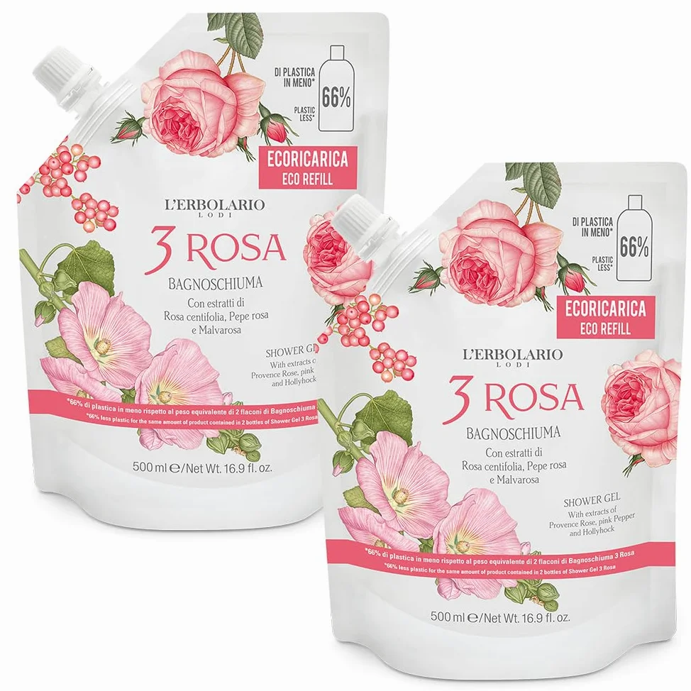 2x L' Erbolario - Bagnoschiuma 3 Rosa - EcoRicarica da 500 ml - 2 confezioni risparmio da 500 ml l'una - Confezione Risparmio ed Ecologica
