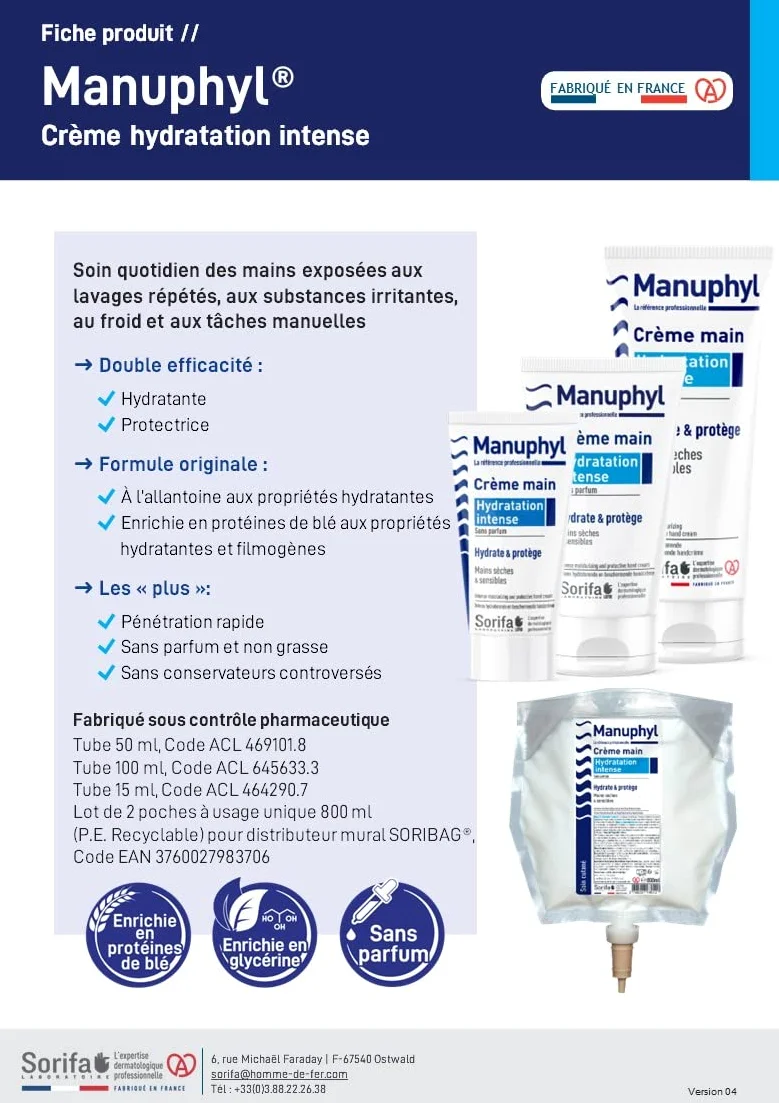 Set di 3 mani Manuphyl Crema Idratazione Intensa - Idratante e protettivo - Mani secche e sensibili - Non grassa, senza profumo, arricchito con allantoine e proteine del grano - Tasca 800 ml