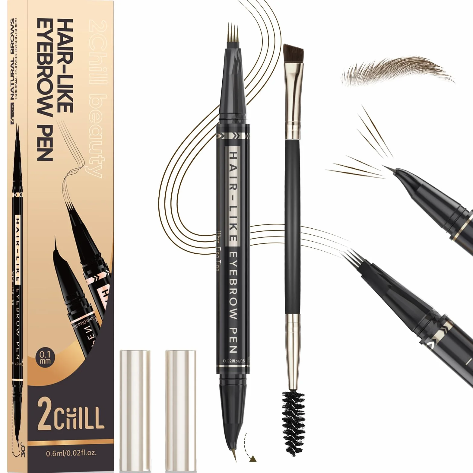 2CHILL Matita per Sopracciglia Curva a 30°, Penna per Sopracciglia Professionale 2 in 1, Penna per Sopracciglia Waterproof a 4 Punte, Microblading Intenso per Donne, Trucco a Lunga Tenuta (Marrone