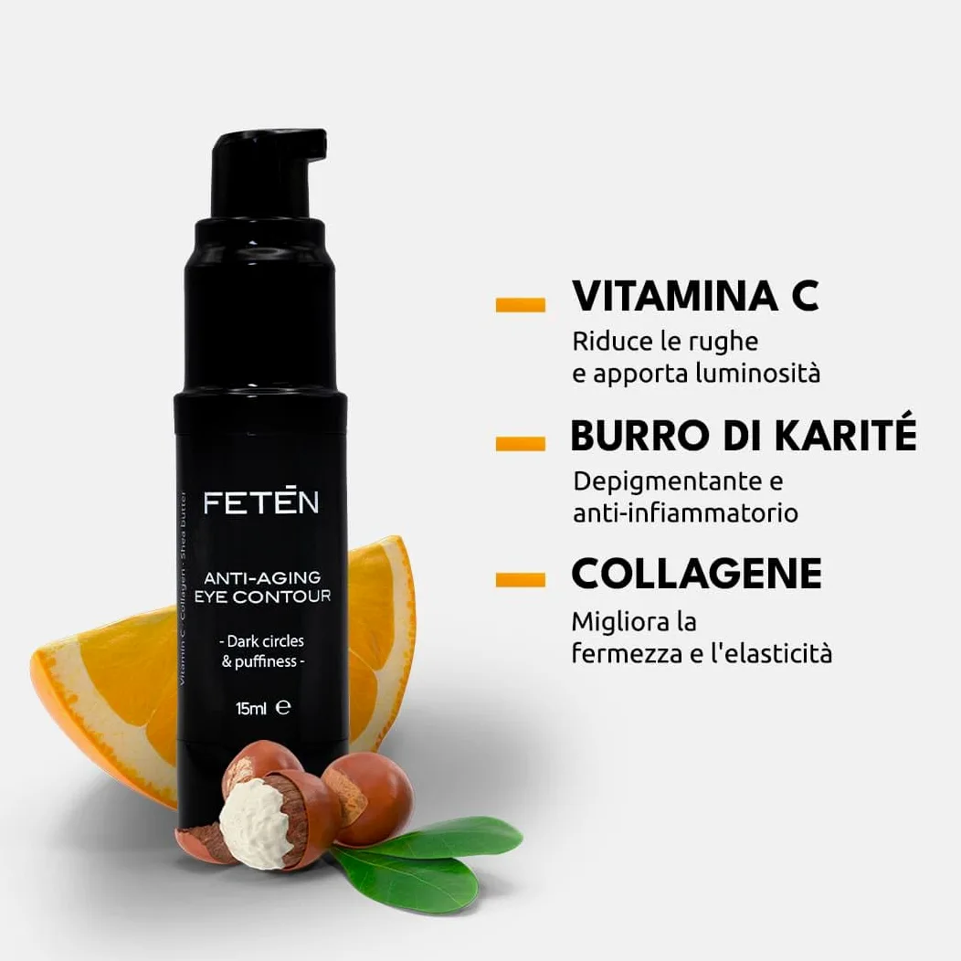 FETEN Contorno Occhi Uomo - Crema Antiocchiaie per occhiaie scure e borse effetto immediato, Siero Antirughe con Vitamina C per palpebre cadenti, Trattamento Schiarente 15ml (Confezione da 2)