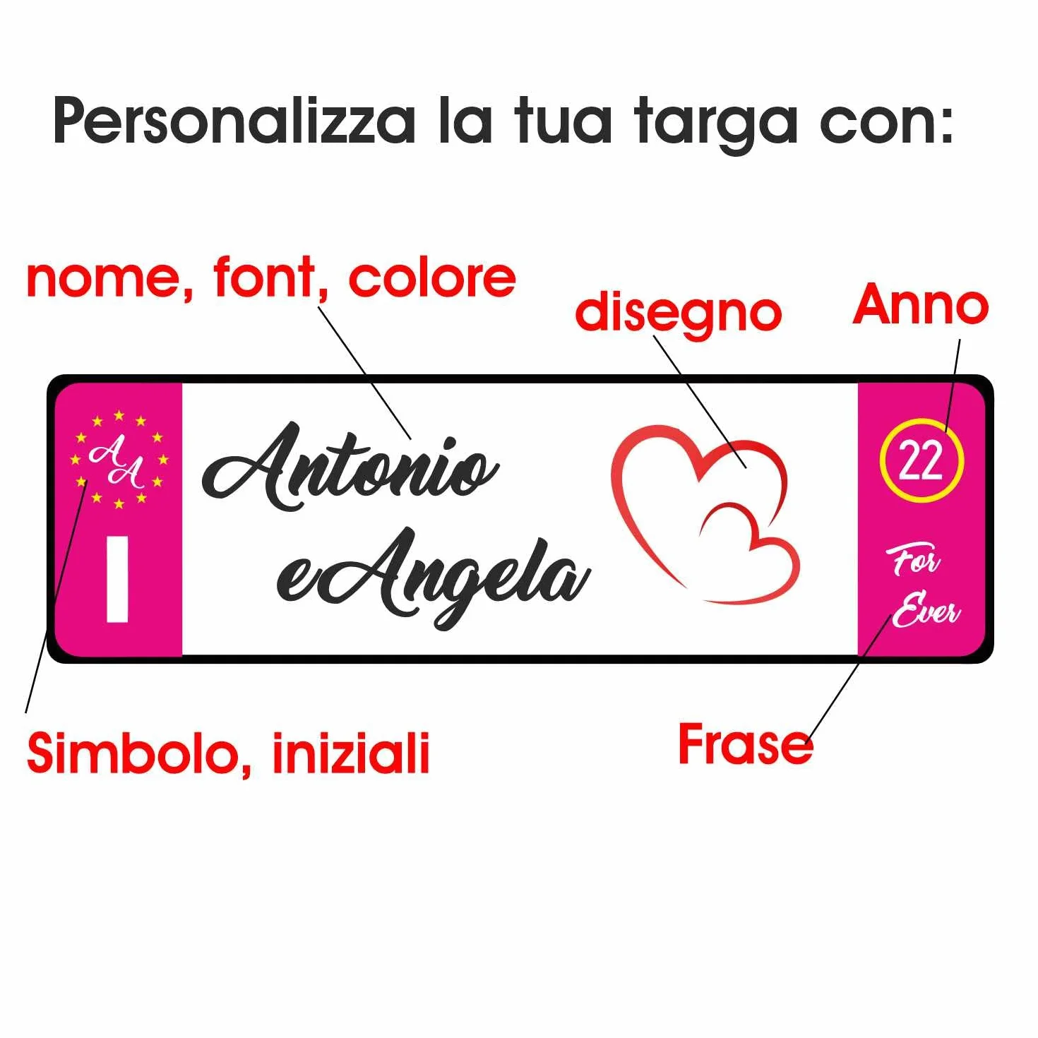 Targa auto personalizzata in alluminio 3 mm 36x11 cm con fissaggio a scelta biadesivo, Fixer o ventose