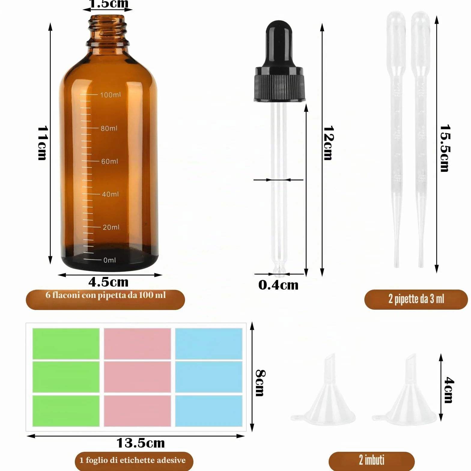 6 Pezzi Contagocce Vetro 100ml, Marrone Bottiglie Contagocce in Vetro, Flaconi Contagocce con 2 Imbuti 2 Pipette Contagocce 1 Adesivo, Flaconi Ricaricabili per Laboratorio Olio Essenziale