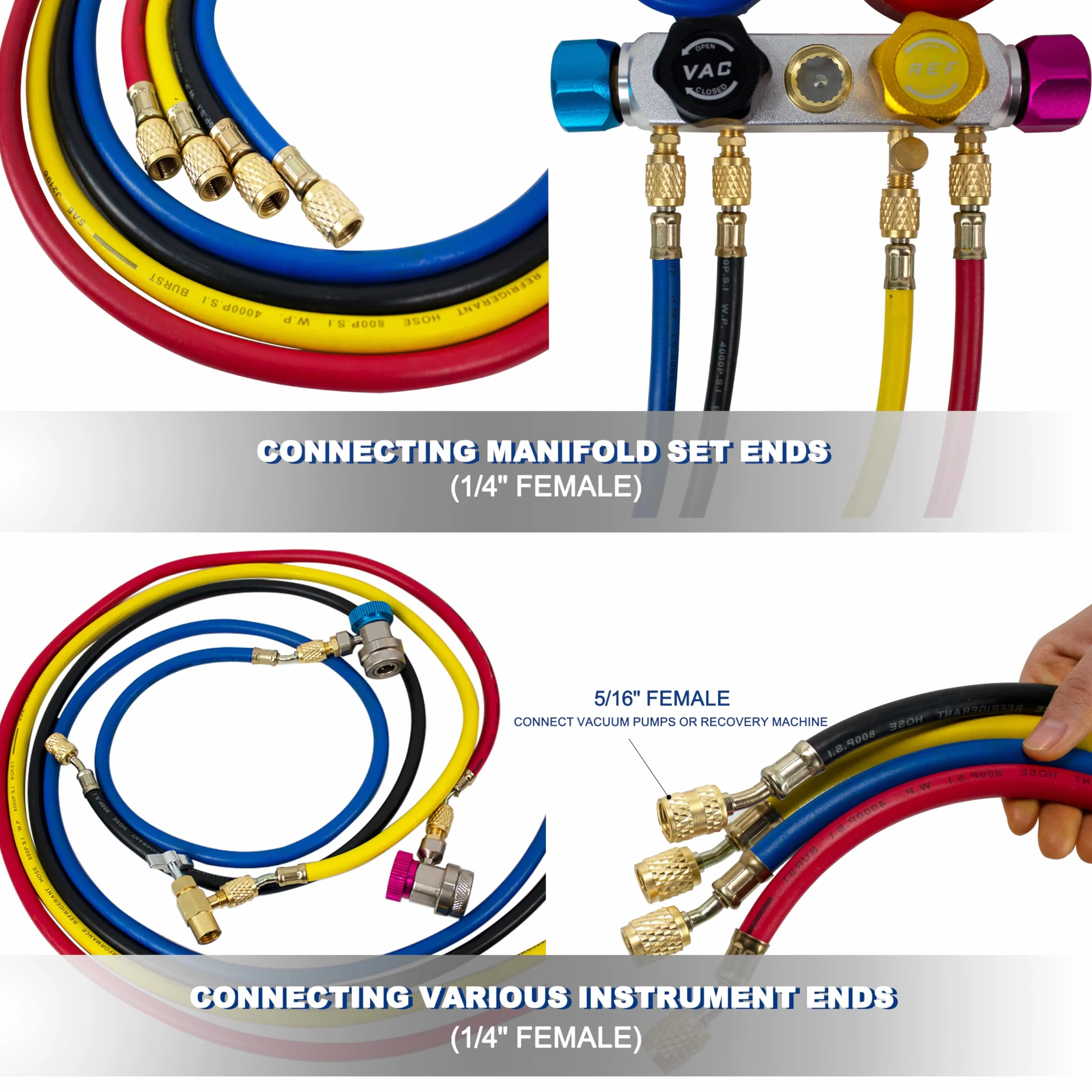BACOENG Set Manometri Condizionatori 4 Vie, Kit Ricarica Aria Condizionata Auto 1.5m Tubi R134A R410A R32 Refrigerante