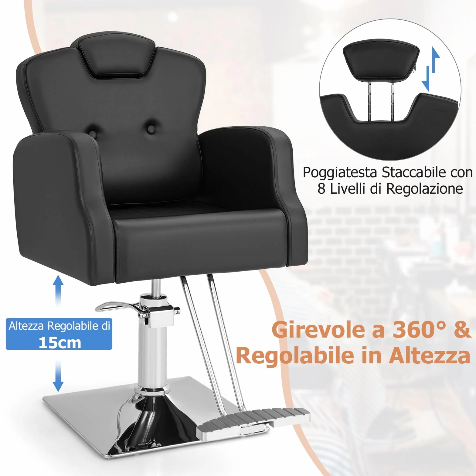 COSTWAY Poltrona da Barbiere con Altezza Regolabile, Sedia da Barbiere Girevole a 360°, Poggiatesta Regolabile, Portata 150 kg