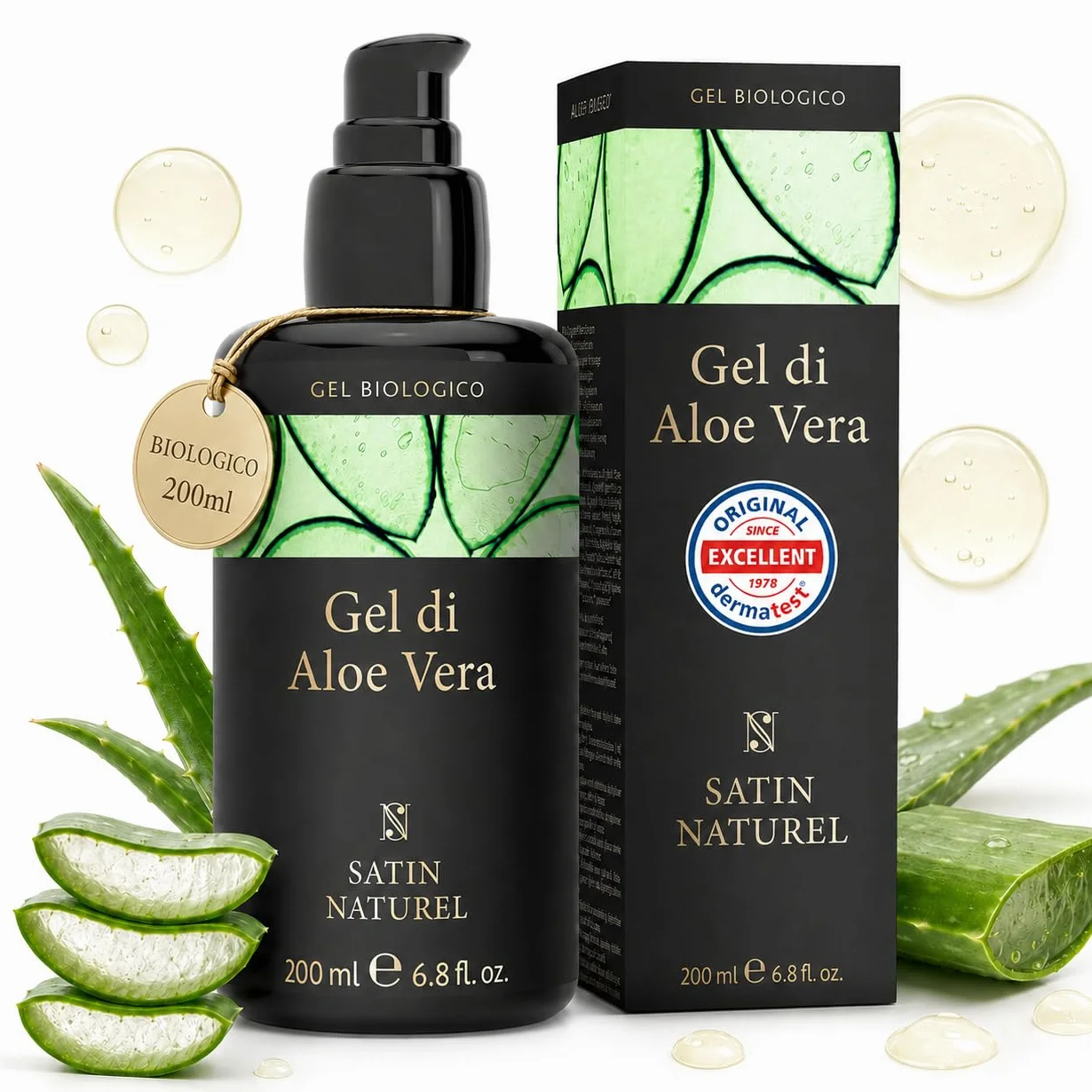 Satin Naturel Gel Aloe Vera Bio 200 ml – 100% Vegano & Cosmetica Naturale – Gel di Aloe Vera Concentrato – Con Acido Ialuronico & Pantenolo – After Sun per Viso, Corpo e Capelli