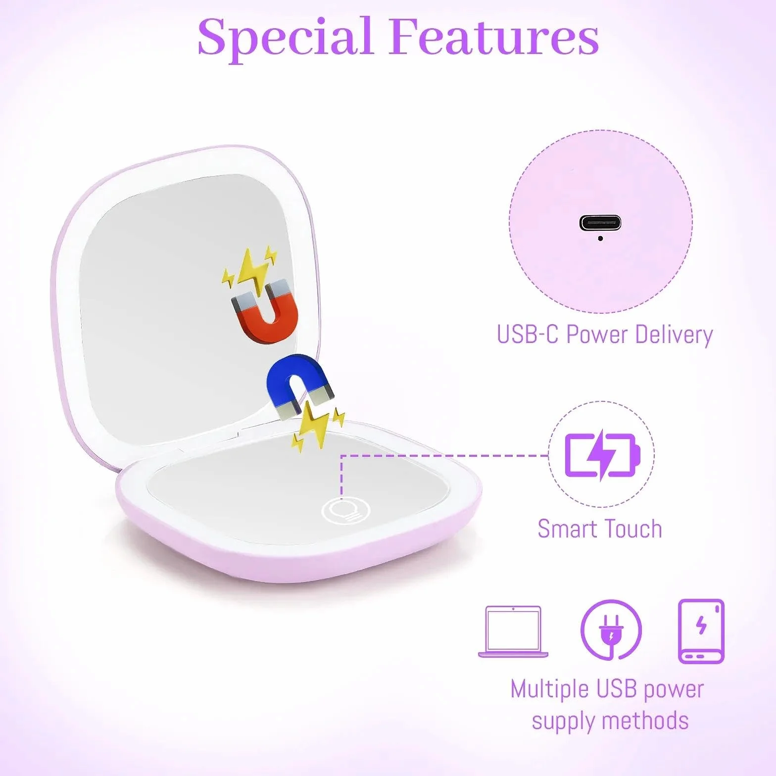 Collazoey LED Specchio Ingranditore, 1X/10X Specchietto da Borsetta, Chargement par USB, 3 Luci Regolabile Portatile Specchio da Viaggio, Interruttore Magnetico Pieghevole Piccolo Mirror (Viola)