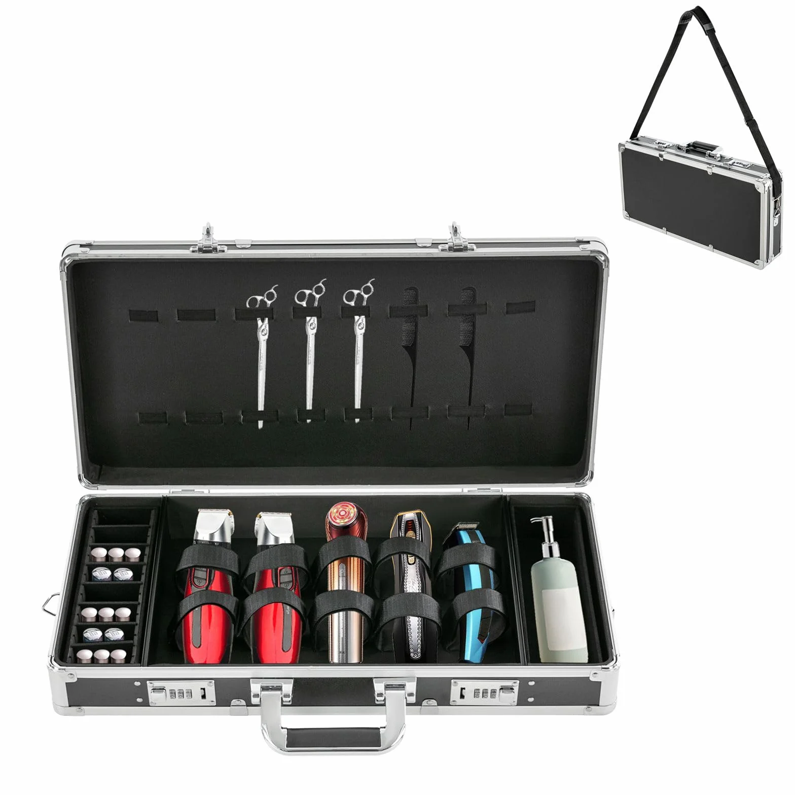 Barbiere case portatile, con due lucchetti a combinazione, organizer per attrezzi da viaggio, stile Barber Stylist, borsa per il trasporto (argento)