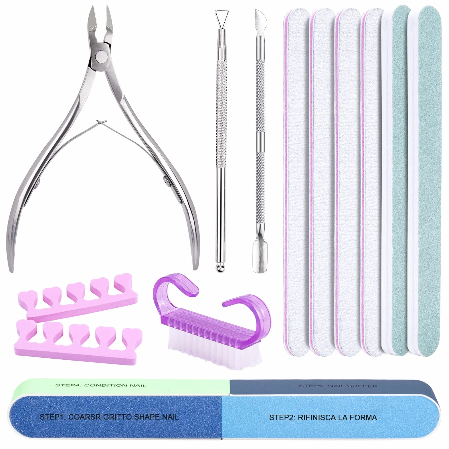 13pcs Lime e Buffer per Unghie, Spingi Cuticole Raschietto con Tronchesino per Unghie Professional e Spazzola Unghie per Manicure e Unghie Salone