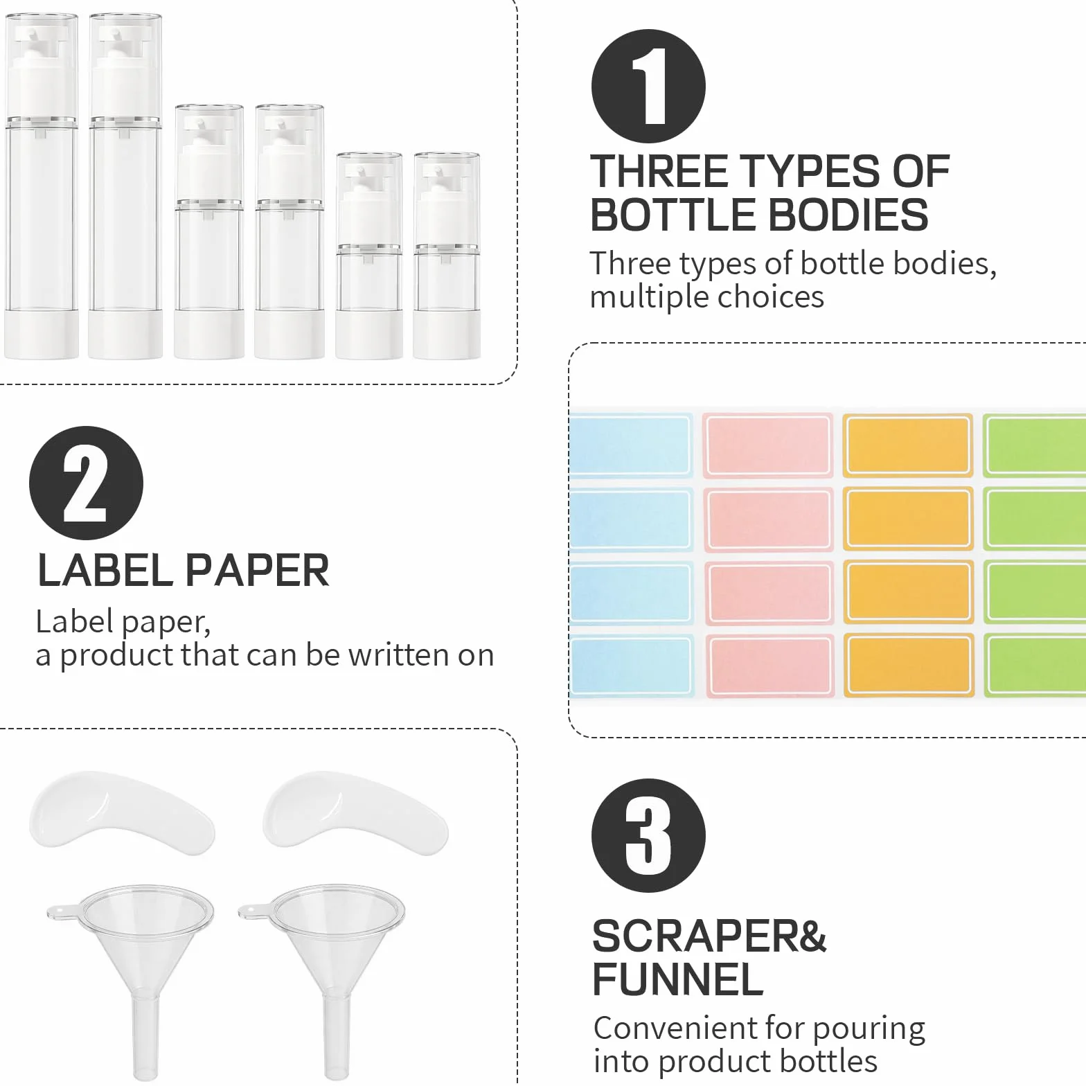 6Pcs Airless Contenitore Crema Pump,Flaconi a Pompa Airless, flaconi da viaggio sottovuoto da 15 ml/30 ml/50 ml, con adesivo, spatola e piccolo imbuto