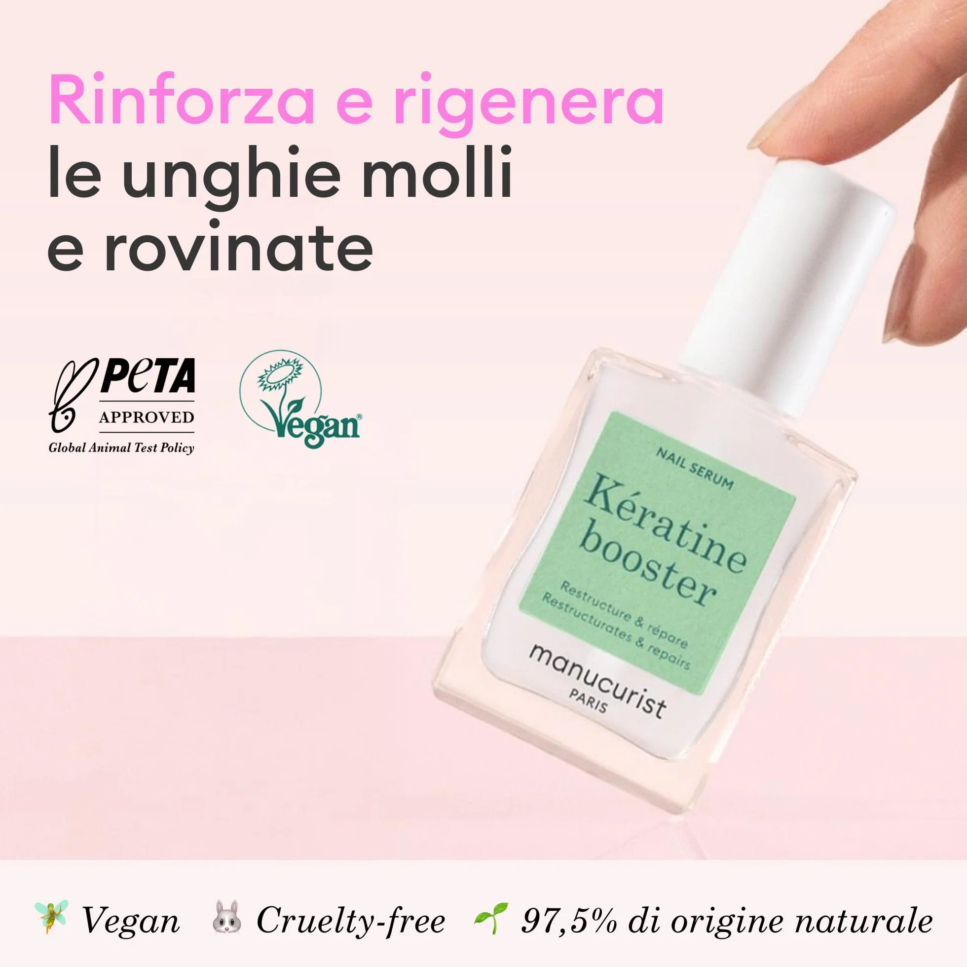 Manucurist Kératine Booster Indurente Unghie - Smalto Rinforzante Unghie Fragili con Cheratina Vegetale, AHA, PHA, MSM, Silicio e Vitamina B8