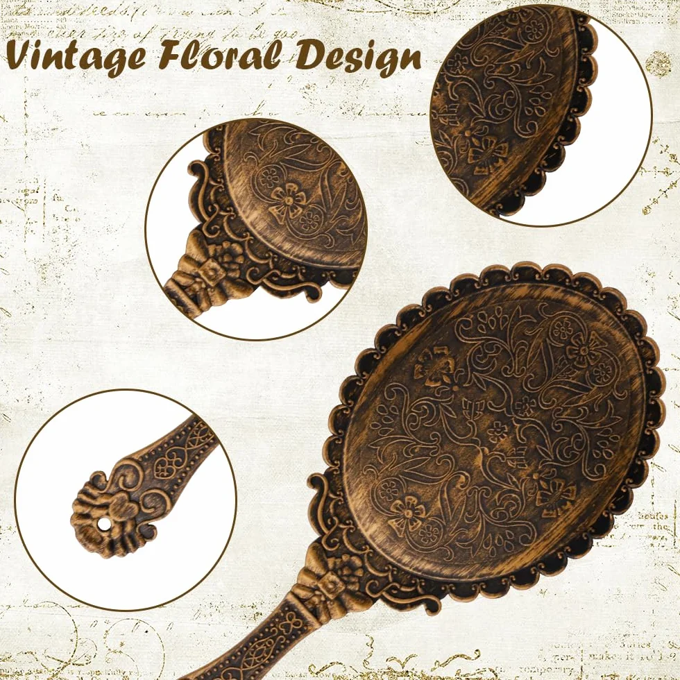 3 Pezzi Specchio a Mano, Specchio per Trucco Con Maniglia, Specchio Vintage Floreale in Rilievo, Mini Specchio Ovale su un Solo Lato per Ufficio Di Viaggio (Nero, Oro Rosa, Bronzo)