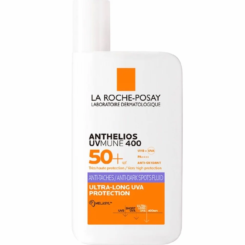 La Roche-Posay Anthelios UVMune 400, Fluido Anti-Macchie Pigmentarie SPF50+, Per Tutti i Tipi di Pelle, Protezione dai Raggi UV Dannosi, Arricchito con Melasyl e filtro UV Mexoryl, 50ml
