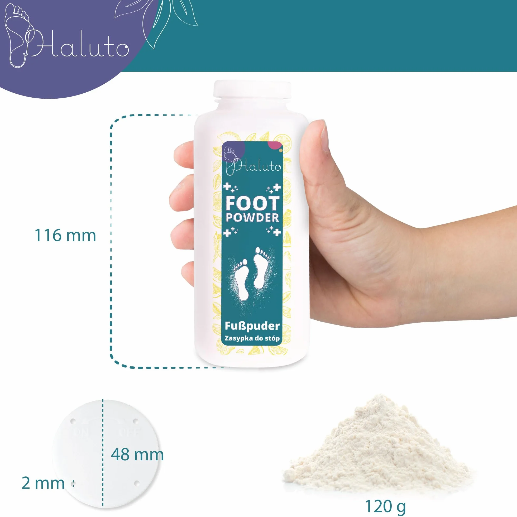 HALUTO Antibatterico Polvere Piedi - Talco Profumato - Elimina l'odore di Scarpe e Piedi - Naturale - Assorbono l'umidità - per Scarpe Sportive, da Lavoro e da Ginnastica