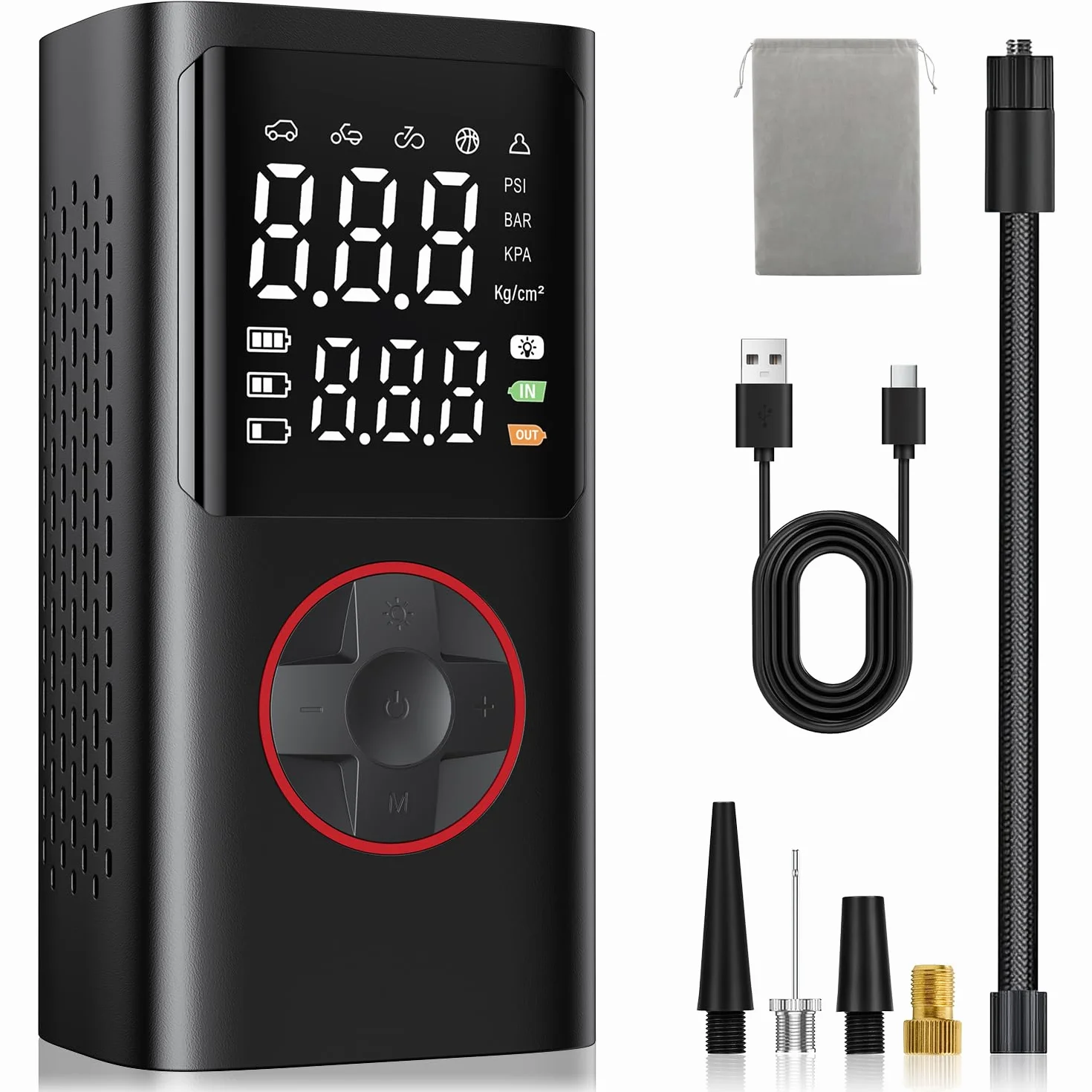 Onherm Compressore Aria Portatile, Pompa Bicicletta Elettrica 10.3 Bar/150PSI con Tutte Le Valvole, 5 Modalità, Mini Compressore Portatile con Luce LED per Auto, Bici, Moto, Scooter, Pallone