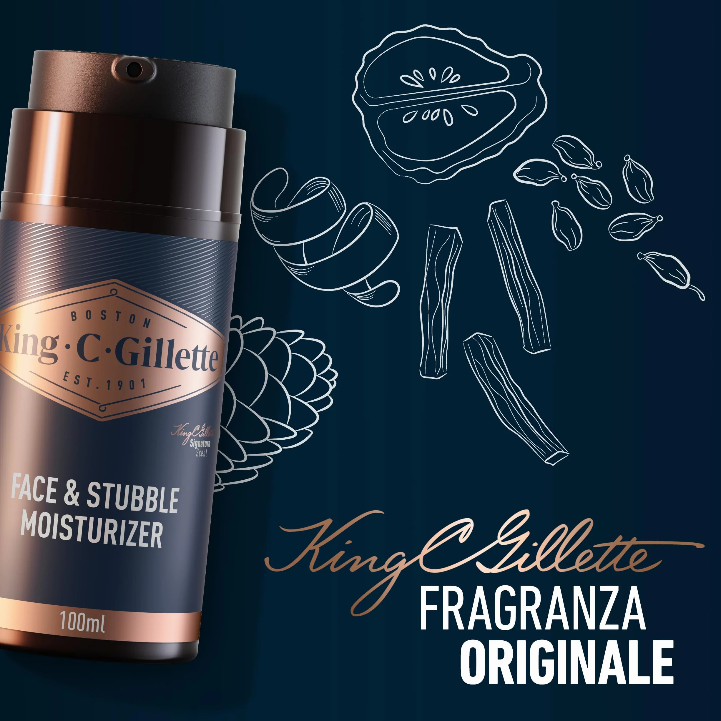 King C. Gillette Crema Idratante Viso e Barba, Ammorbidisce la Pelle, Profumazione King C., Vitamina B, 100ml, per la Cura della Barba, Idea Regalo Uomo