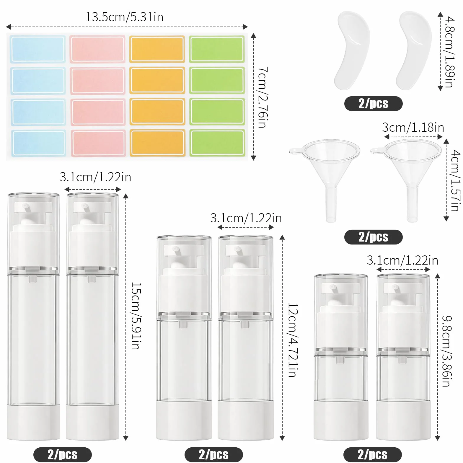 6Pcs Airless Contenitore Crema Pump,Flaconi a Pompa Airless, flaconi da viaggio sottovuoto da 15 ml/30 ml/50 ml, con adesivo, spatola e piccolo imbuto