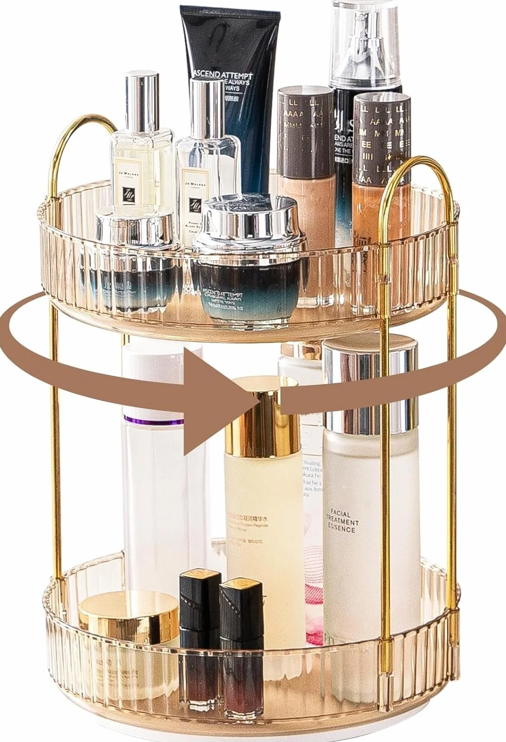Organizzatore di Trucco Rotante a 360° Grande Capacità per Cosmetici Profumi Cura della Pelle Bagno 2 Strati Ambra
