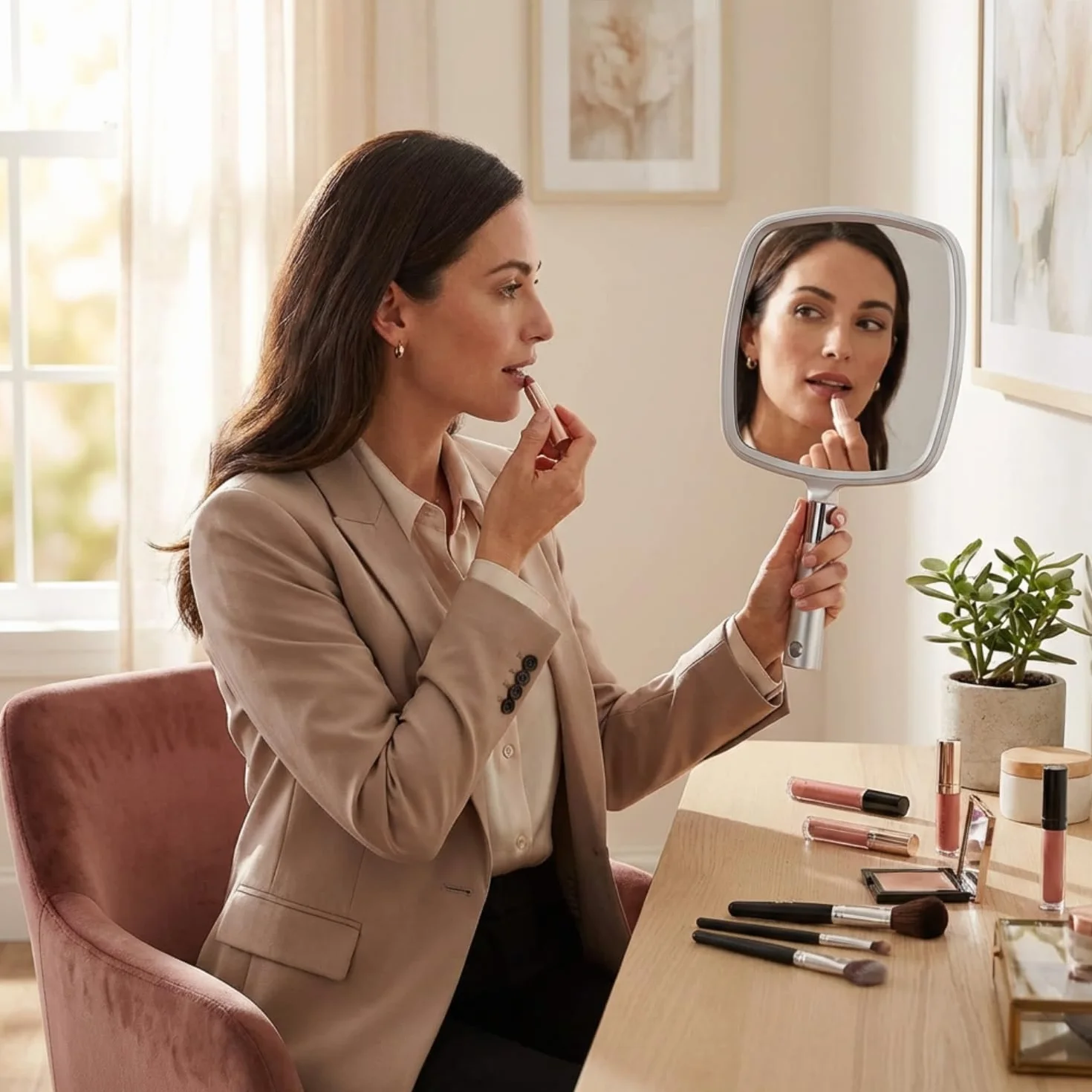 Specchio a mano portatile grande per trucco Mirrorvana con manico ergonomico argento