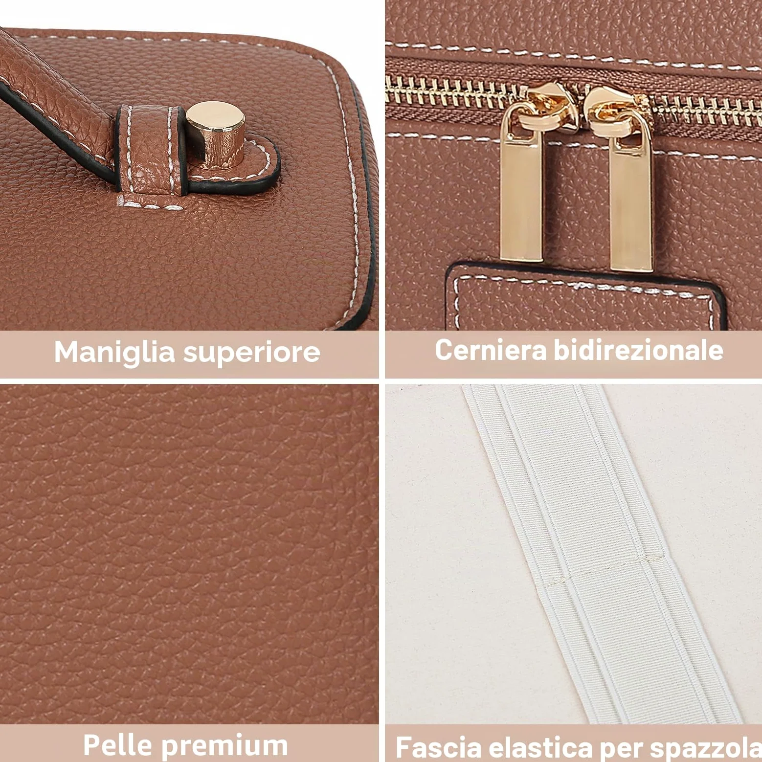 HiTotes, trousse per trucchi, borsa da viaggio in pelle per articoli da toeletta, organizer per trucchi con divisore rimovibile per uso quotidiano, 02-marrone, 21.5cm