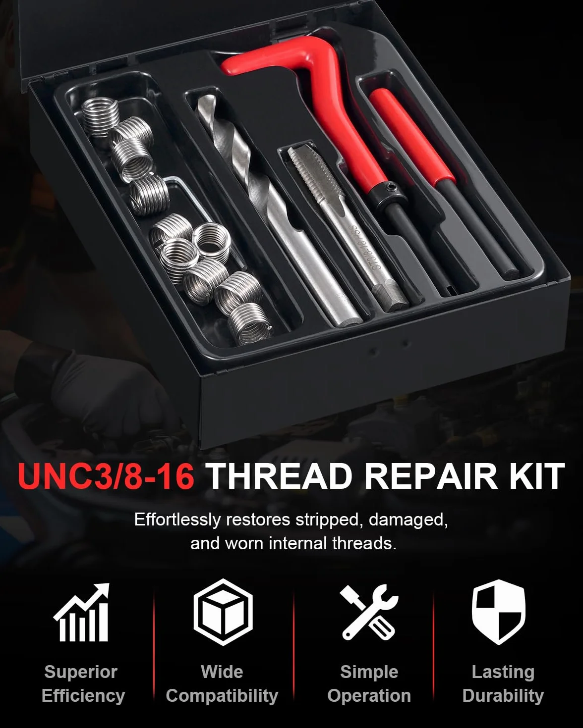 Kit riparazione filettatura UNC3/8-16 SAE Helicoil con punte HSS, inserti e rubinetti