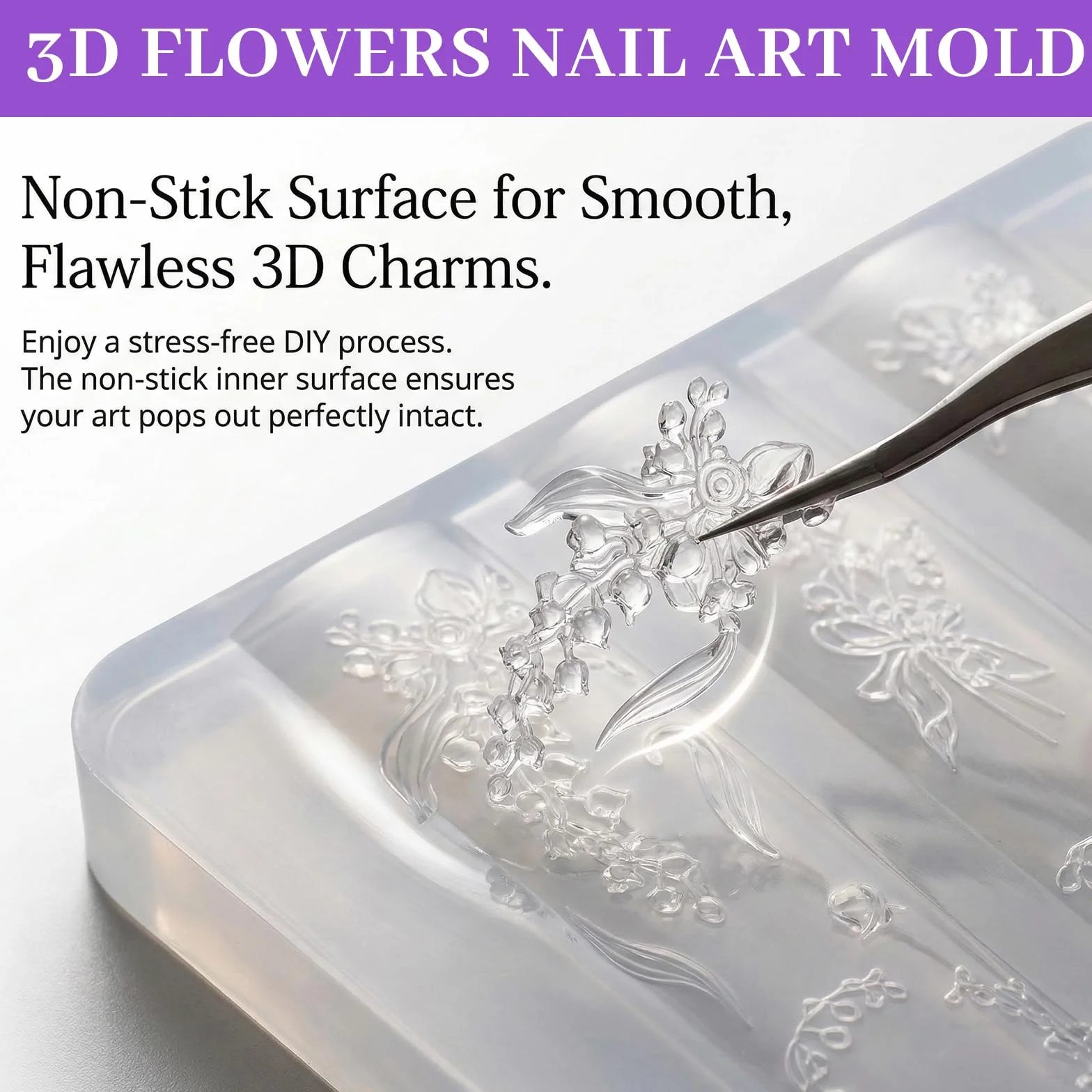 Nails Mold, set da 4 pezzi di timbri per unghie per disegno nail art con stampi in silicone 3D con fiori, stamping templates per unghie