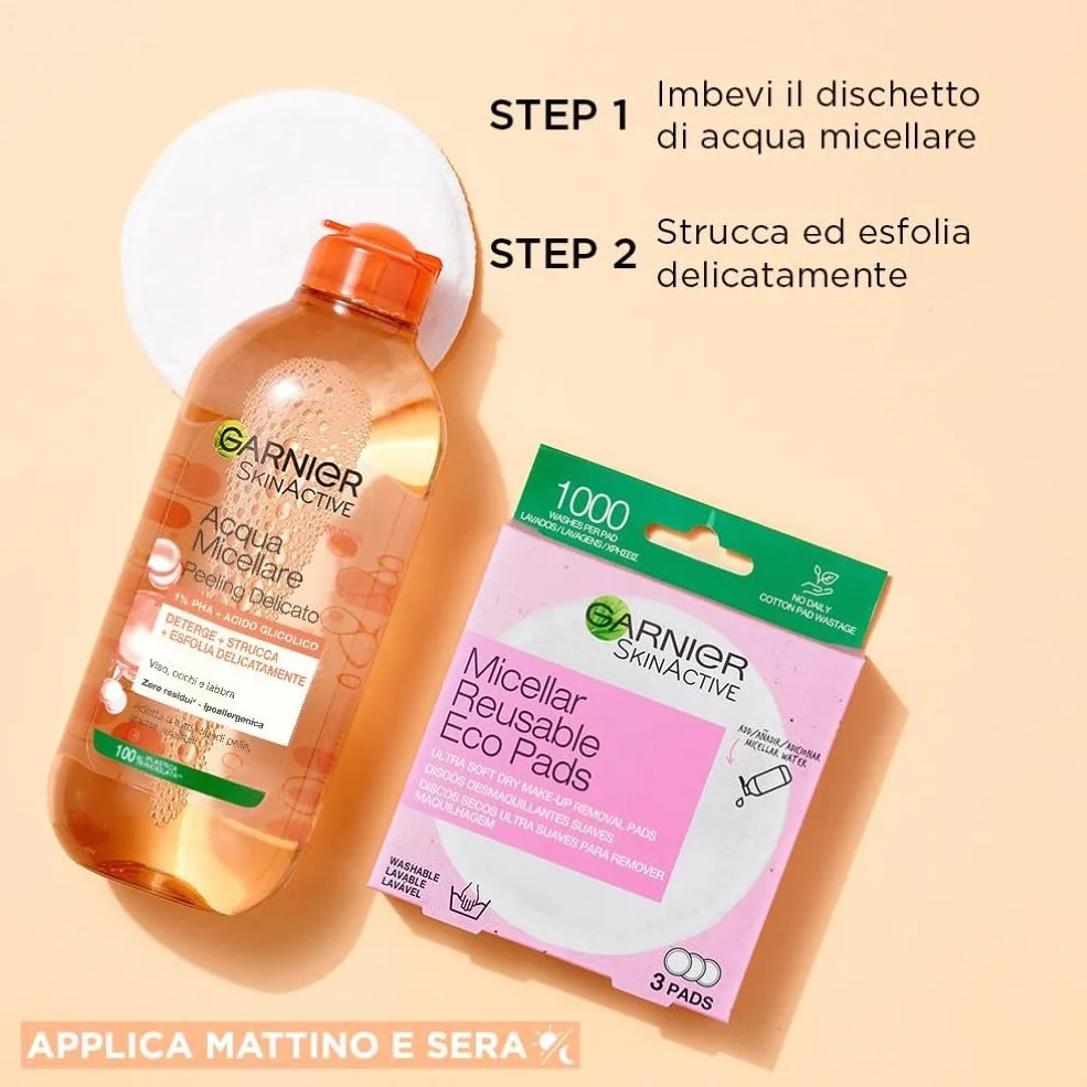 Garnier SkinActive Acqua Micellare Tutto-in-1, Peeling Delicato, Esfoliante, Per Tutti i Tipi di Pelle, Senza Risciacquo, Formula Vegana e Ipoallergenica, 400 ml