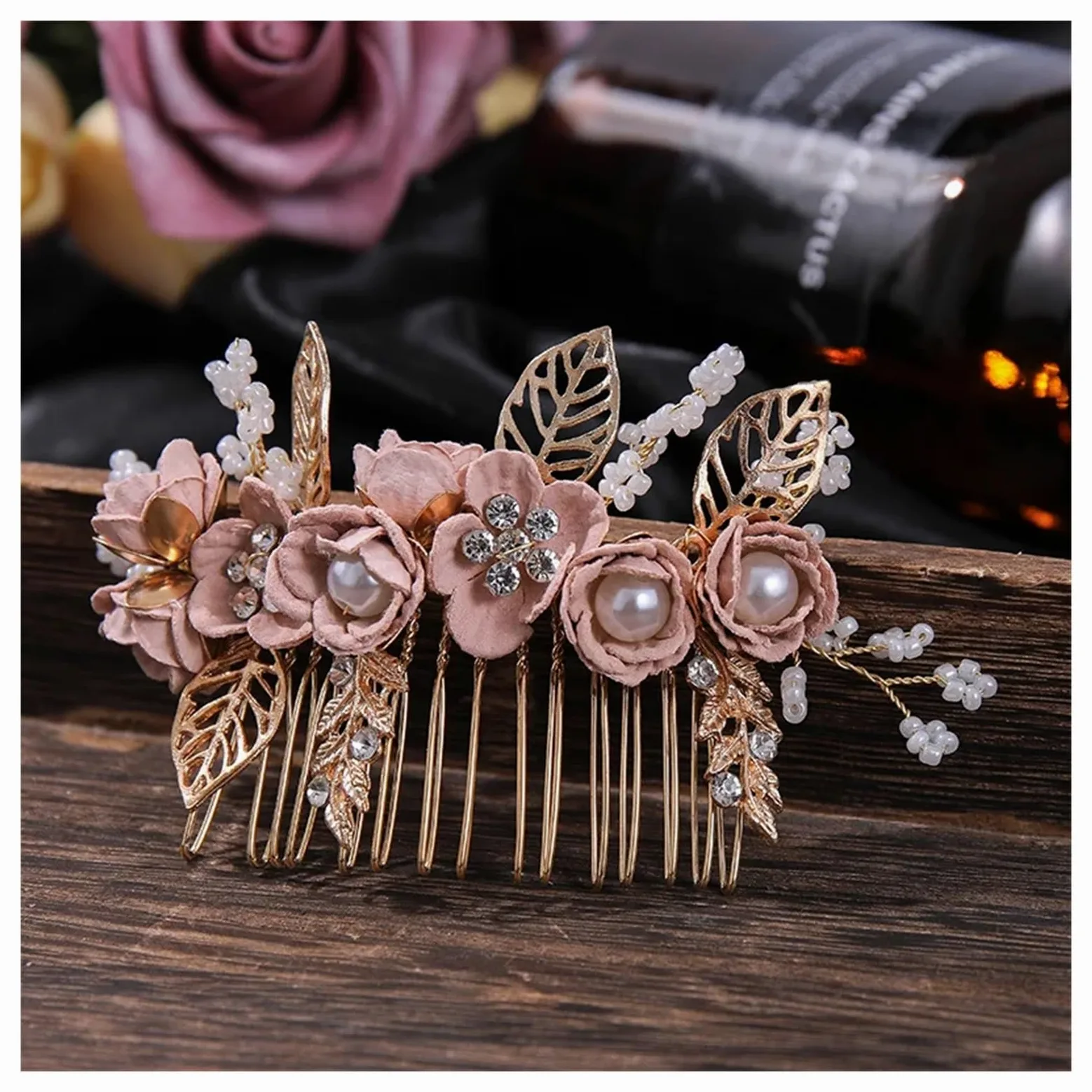 Palillos Para El Pelo Set di 4 pettini for capelli con fiori di cristallo e forcine for capelli, con perle e strass, set di gioielli da sposa, accessori for nozze(Pink)
