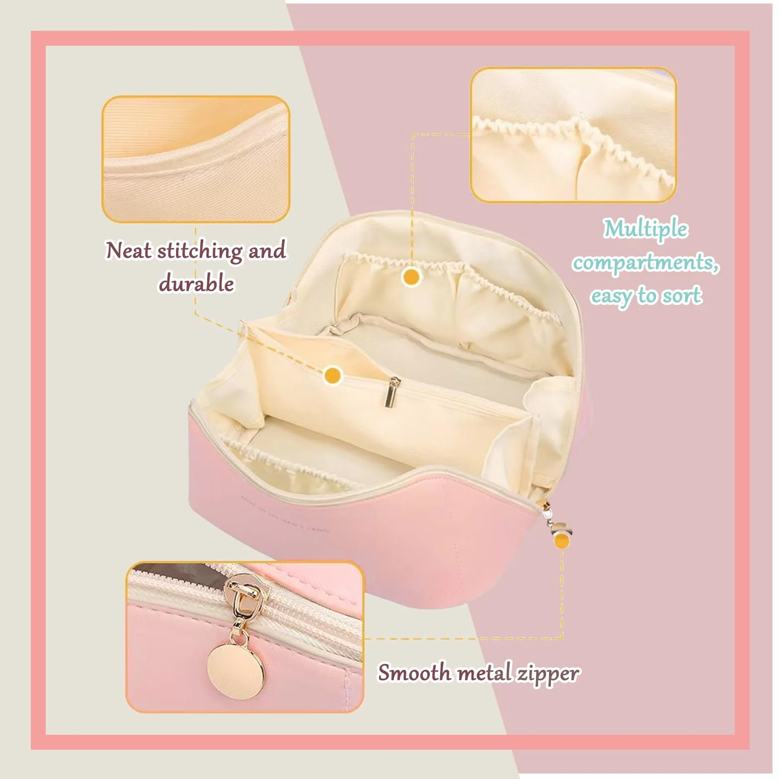 Borsa Cosmetica da Viaggio in Pelle PU, Trousse Trucchi Donna Impermeabile Portatile (Rosa)