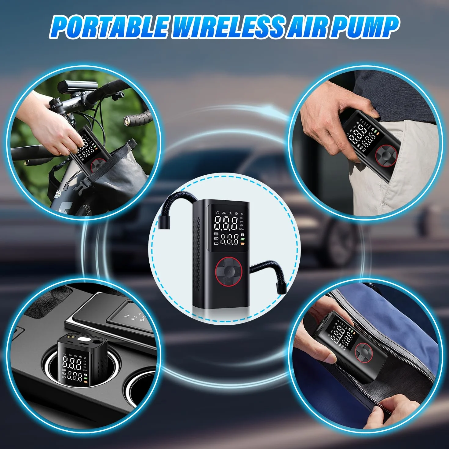 Onherm Compressore Aria Portatile 10.3 Bar/150PSI Pompa Elettrica Bicicletta 5 Modalità Mini con Luce LED