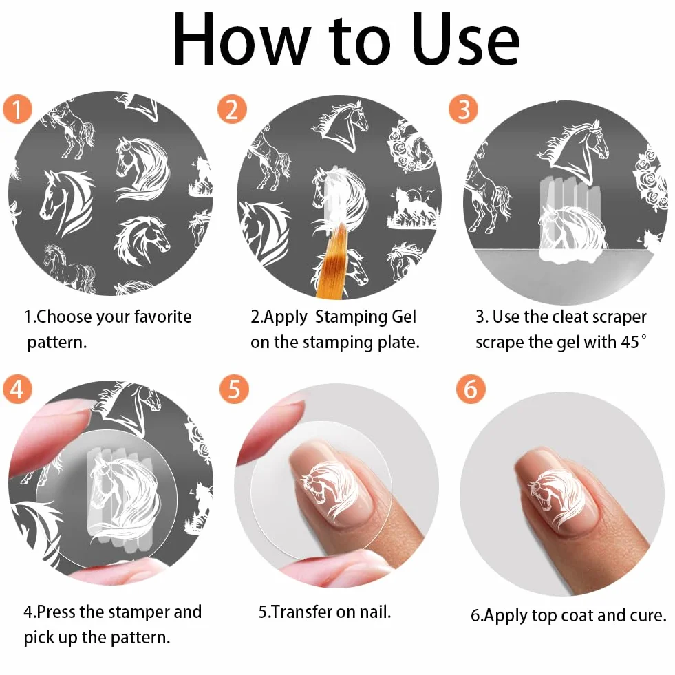 PH PandaHall 4 piastre per stampaggio unghie cavallo corsa modello nail art animali unghie arti stencil ferri di cavallo manicure design timbro unghie piastre immagine per donne manicure fai da te