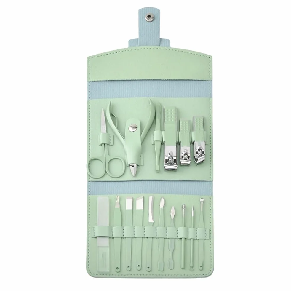 Kit per Manicure e Pedicure, Kit per la Cura Personale, tagliaunghie, Set di Forbici per Unghie in Acciaio Inossidabile Verde da 16 Pezzi, pinze, Strumenti per la Riparazione di Unghie e Piedi.