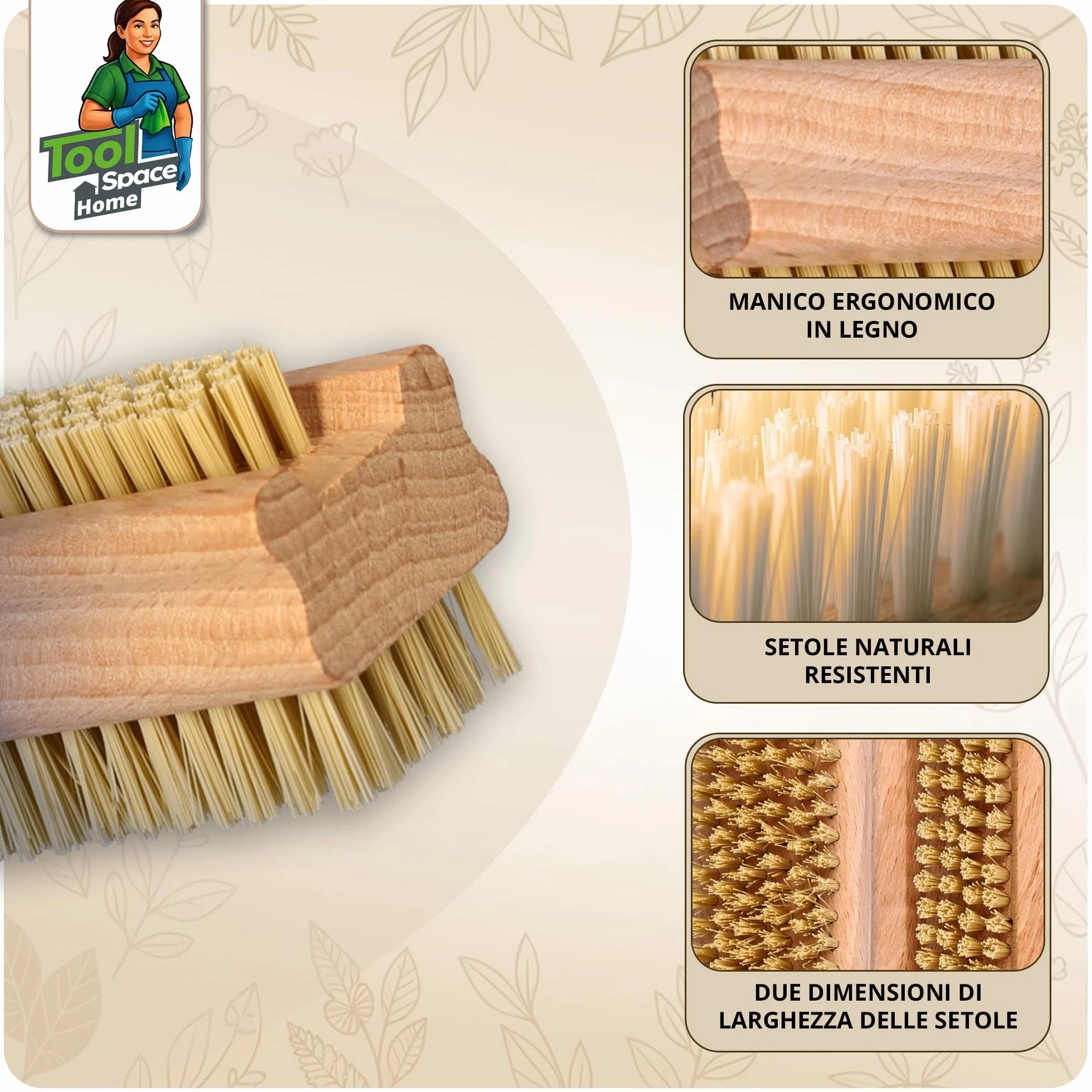 ToolSpace Spazzola per la Mano in Legno Faggio Spazzolina per Pulizia Unghie Mani e Piedi Setole Naturale Manicure Pedicure