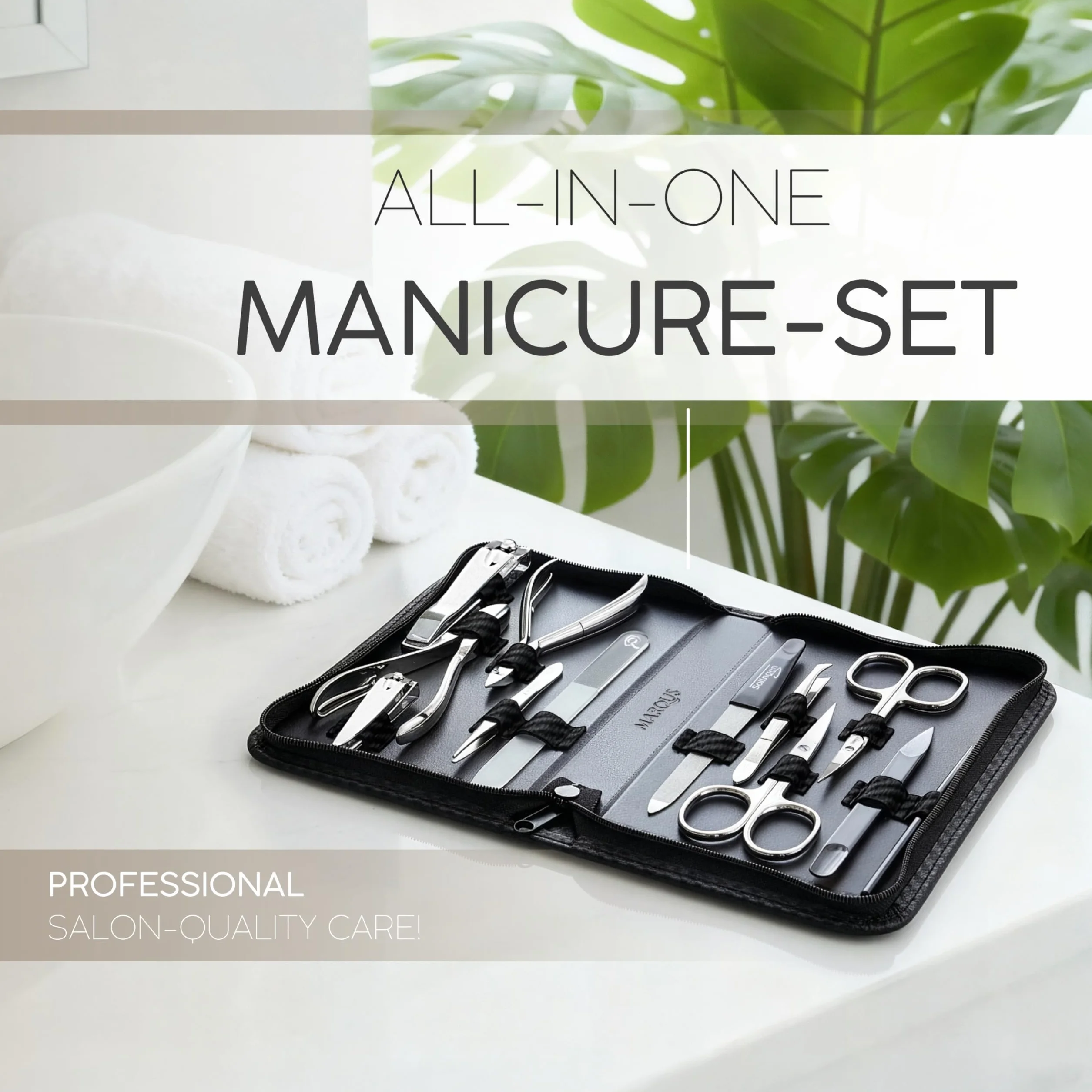 Solingen Set per Manicure Professionale – Pinza, Lima in Vetro, 12 Pezzi, Custodia in Pelle, Made in Germany