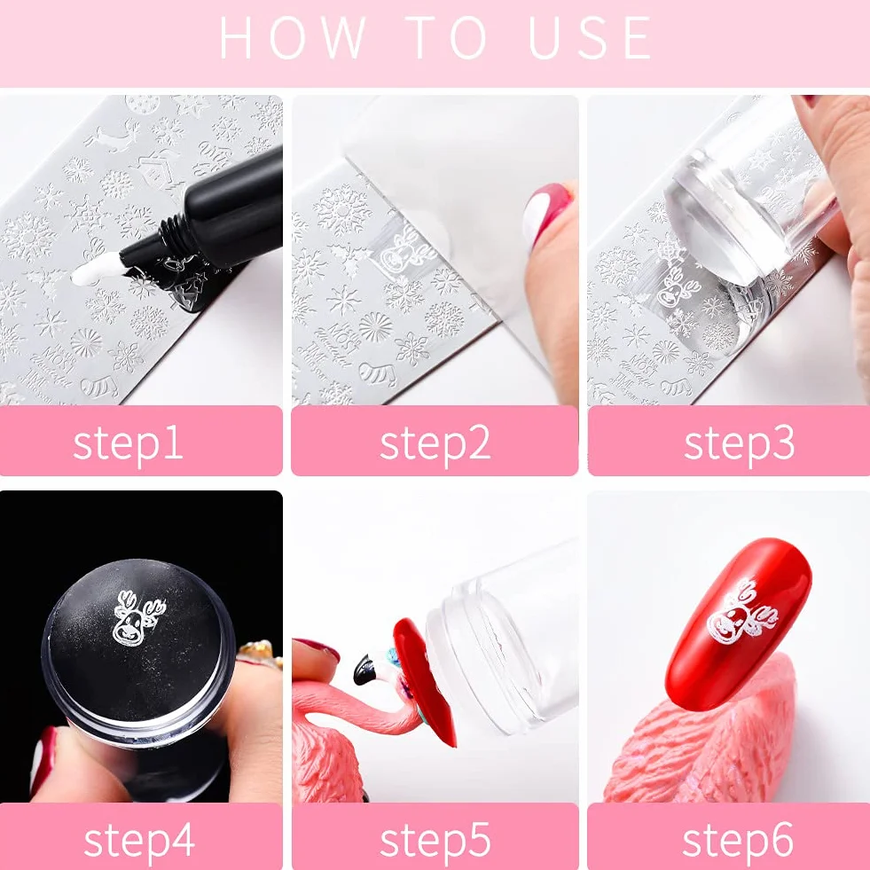 Set di 6 piastre per nail art, con 1 timbro trasparente, 1 raschietto (acchiappasogni, erba, motivi, foglie, coniglio, gatto)