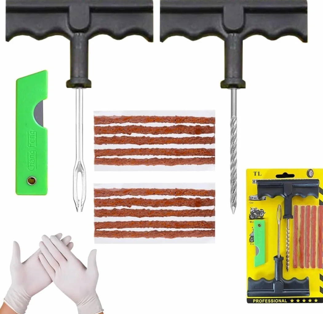Kit Riparazione Pneumatici Auto Moto - Include 10 Tasselli, 2 Attrezzi a T, Guanti e Taglierino