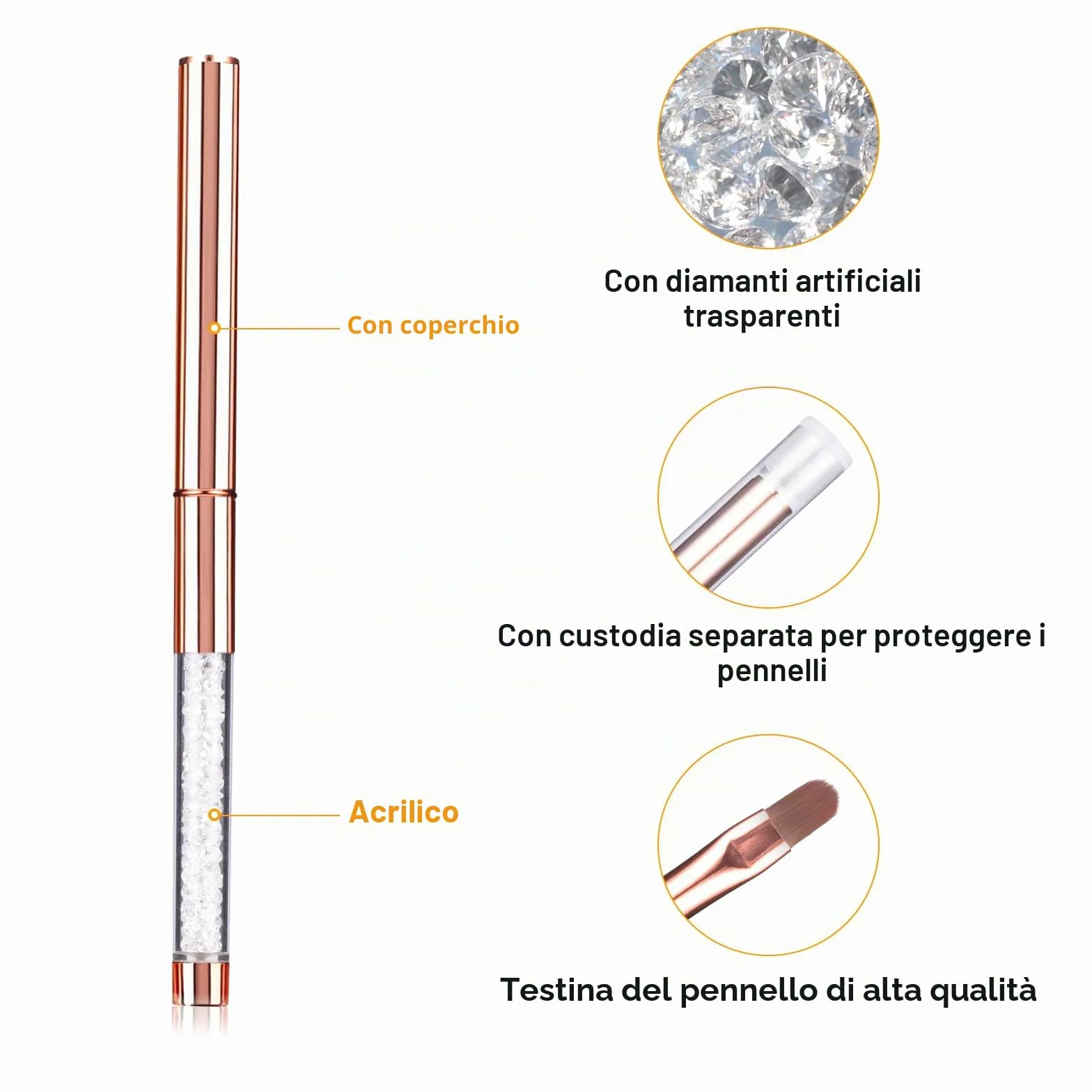 6 Pezzi Pennelli per Unghie, Penelli Unghie Professionali Set, con Manico con Strass e Setole in Nylon per principianti professionisti