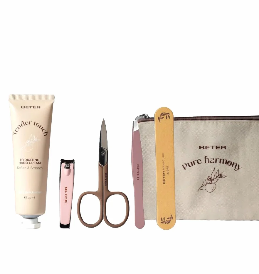 Beter Pure Harmony Set Manicure 4 Pezzi Lima Pinzetta Forbicine Tagliaunghie Crema Mani Borsa Tessuto Kit Cura Unghie Mani