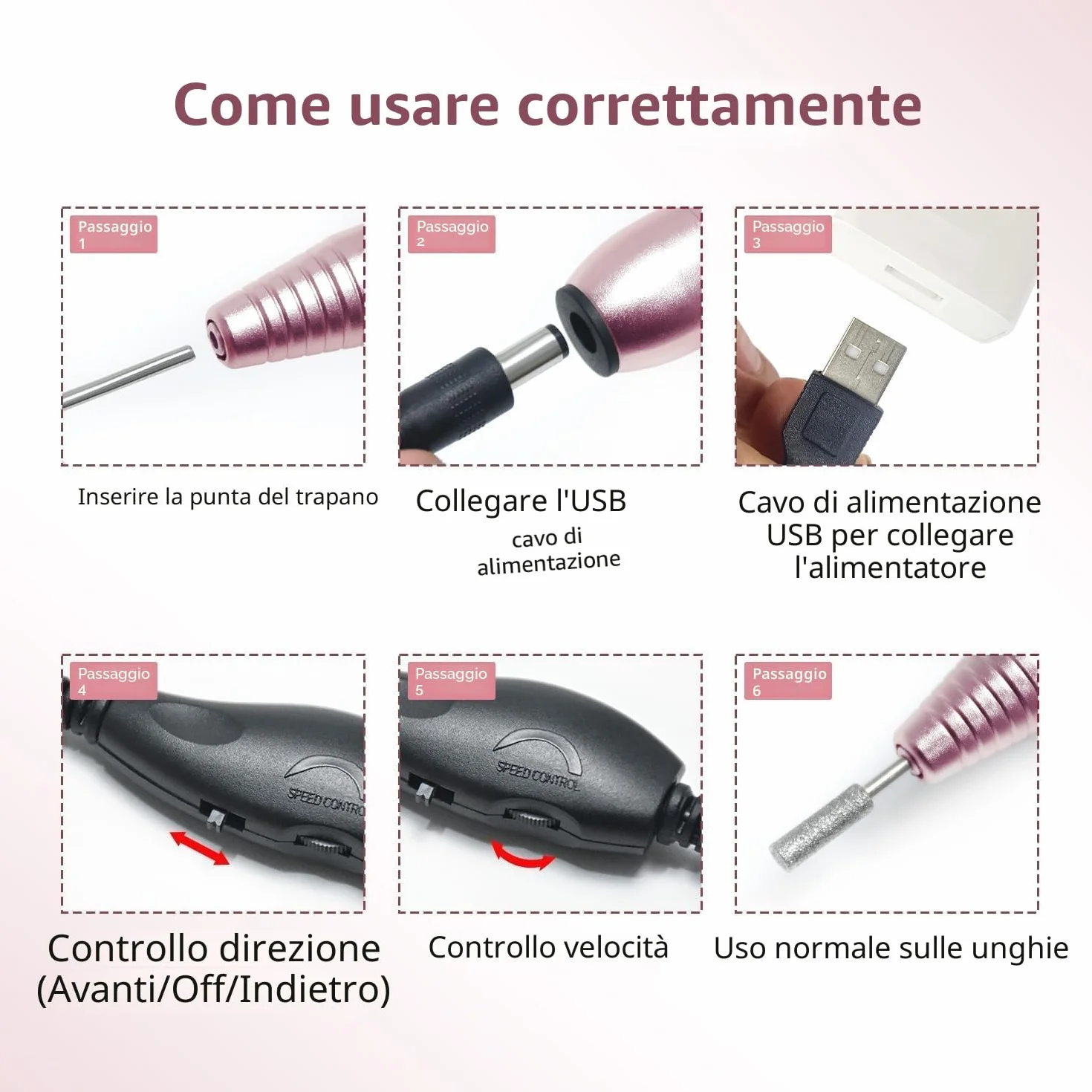 JODSONE Fresa per Unghie Professionale 20000RPM 6 in 1 con 6 Punte di Ricambio