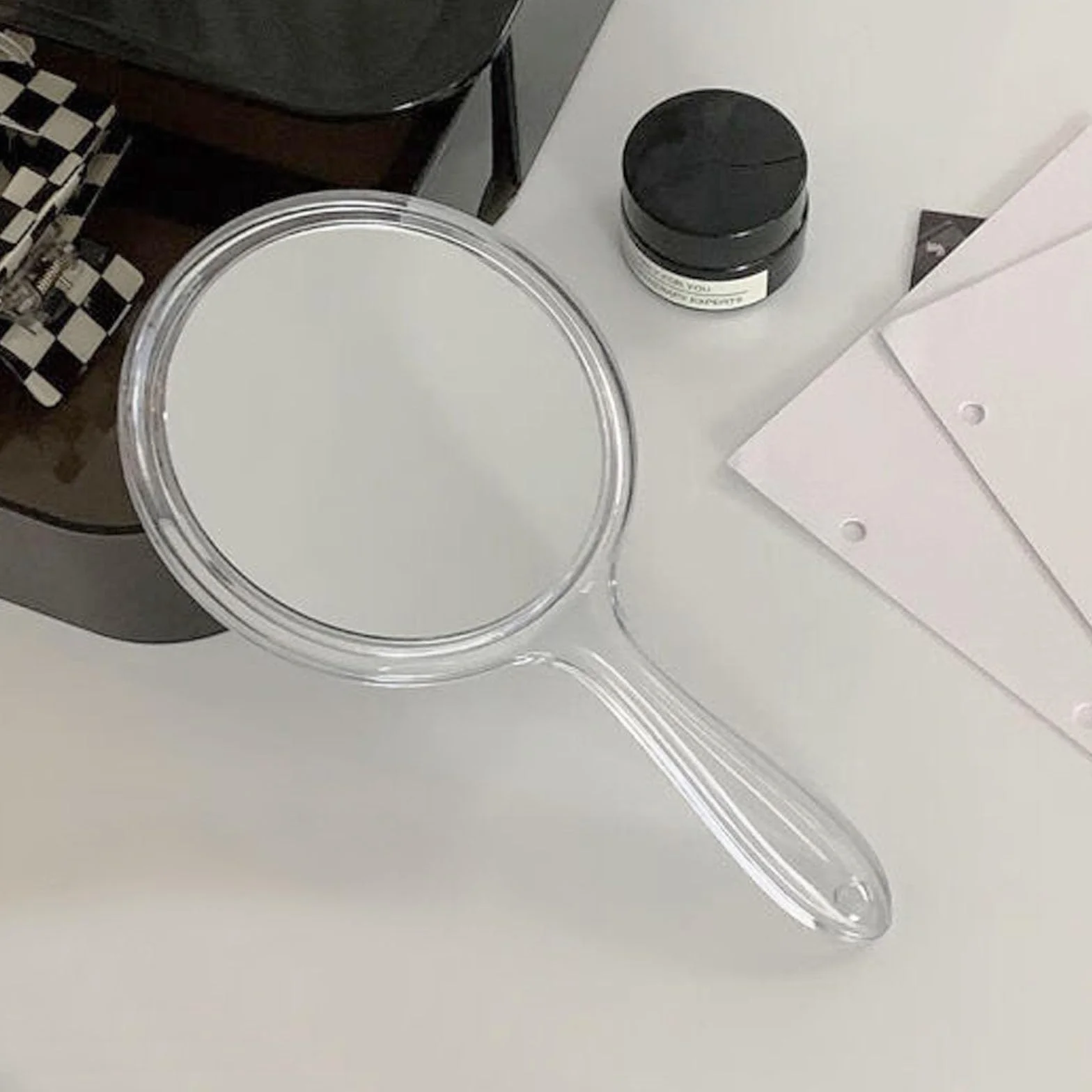 specchio a mano bifacciale, specchio a mano con manico, lente d'ingrandimento trasparente multifunzione 1x/2x, adatta per il trucco quotidiano femminile., SMJ-2X