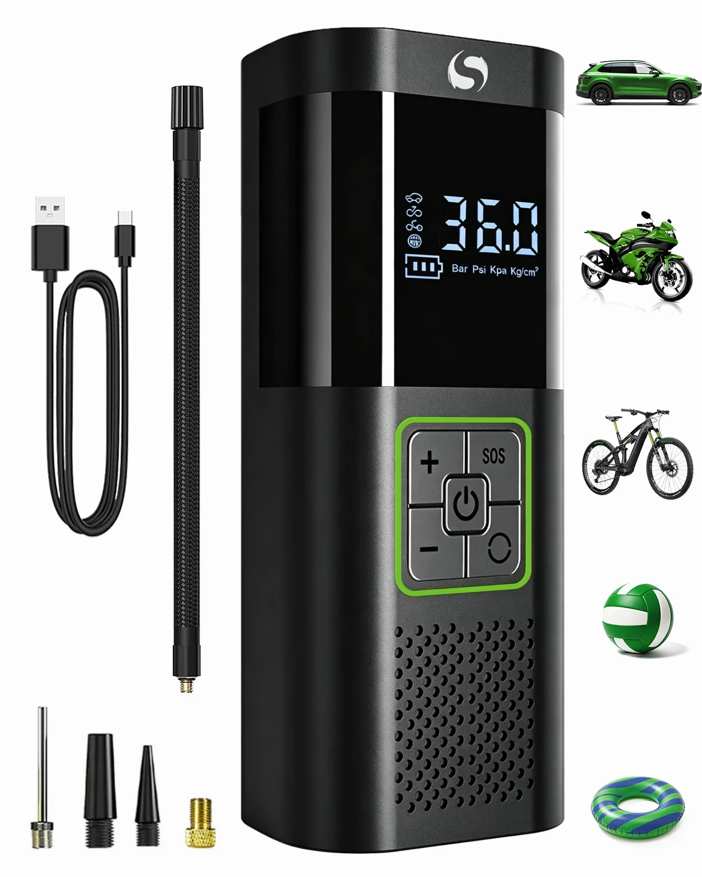 Compressore Aria Portatile, Gonfiatore Elettrico Portatile con Manometro, Pompa Elettrica è Adatto per Auto, Moto, Bicicletta, Palla