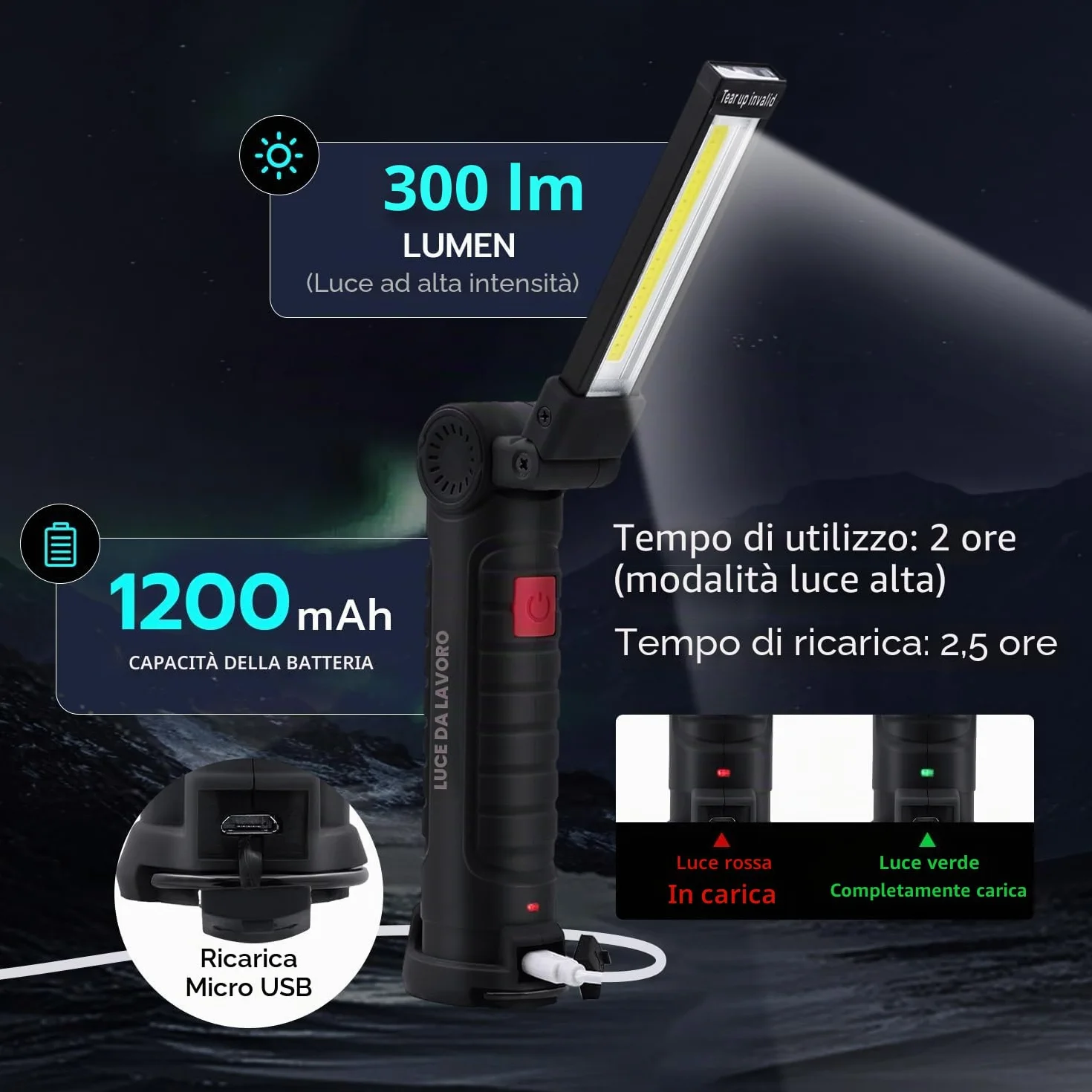 Torcia Magnetica Ricaricabile USB COB 5 Modalità Portatile con Gancio per Campeggio Esterna Autofficina