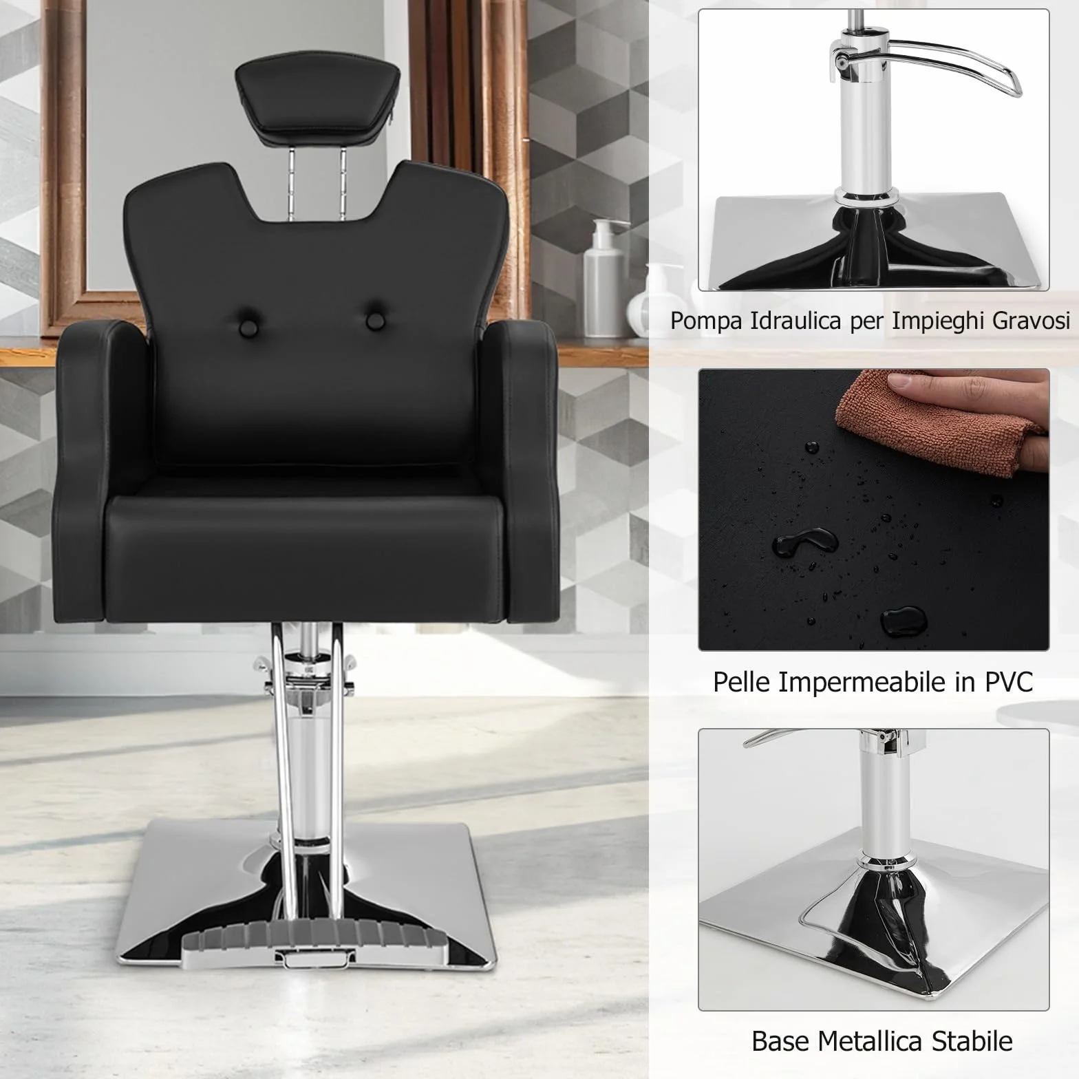 COSTWAY Poltrona da Barbiere con Altezza Regolabile, Sedia da Barbiere Girevole a 360°, Poggiatesta Regolabile, Portata 150 kg