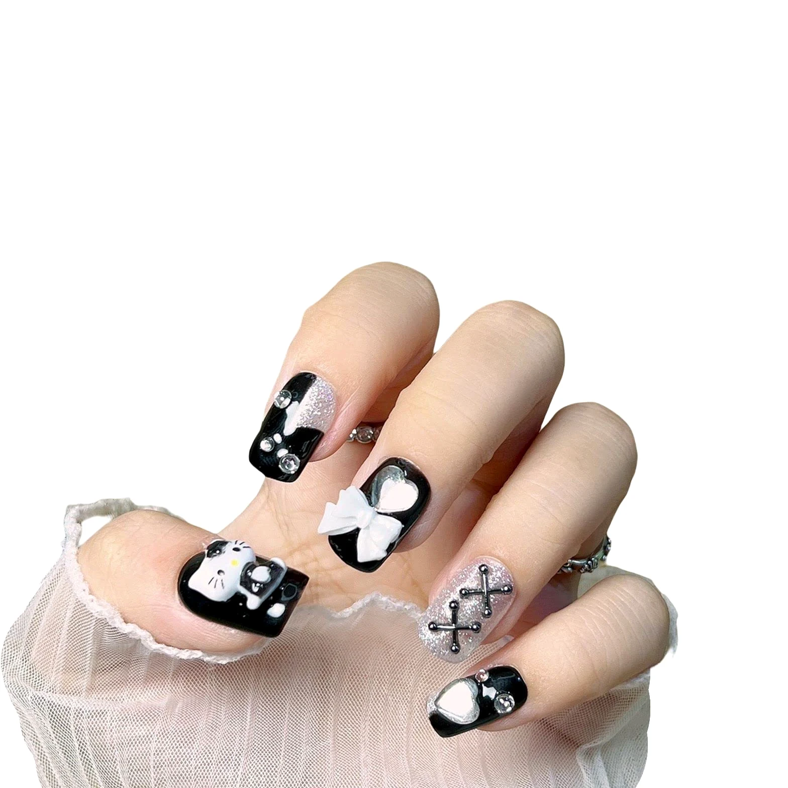 Bling Press on Nails, Unghie finte con finitura riutilizzabile di lusso, Nail Art fatta a mano con design di manicure con licenza (XL, A) (AL)