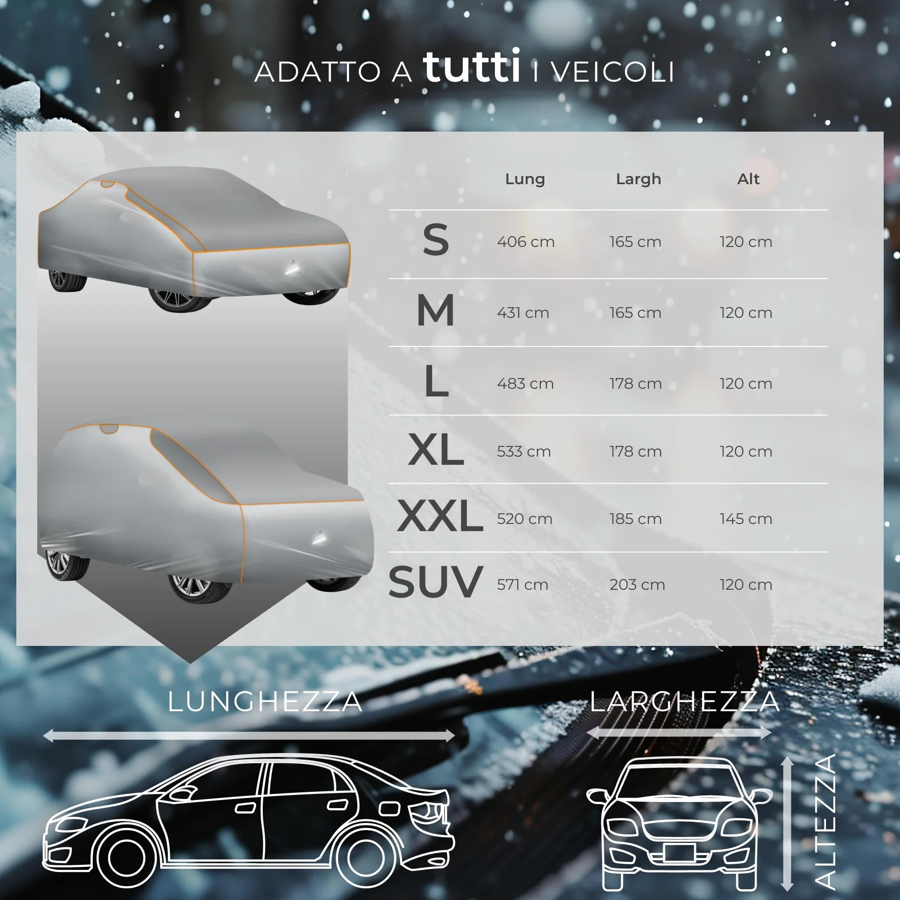 Copriauto Antigrandine Impermeabile Strato Gommapiuma 4 mm 3 Cinghie Tensione Regolabili L (483x178x120 cm)