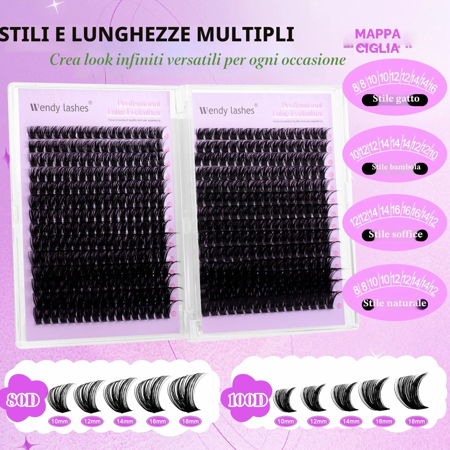 Ciglia Finte Ciuffetti 594PCS 80D+100D D-Curl 10-18mm Look Naturale Lash Extensions DIY