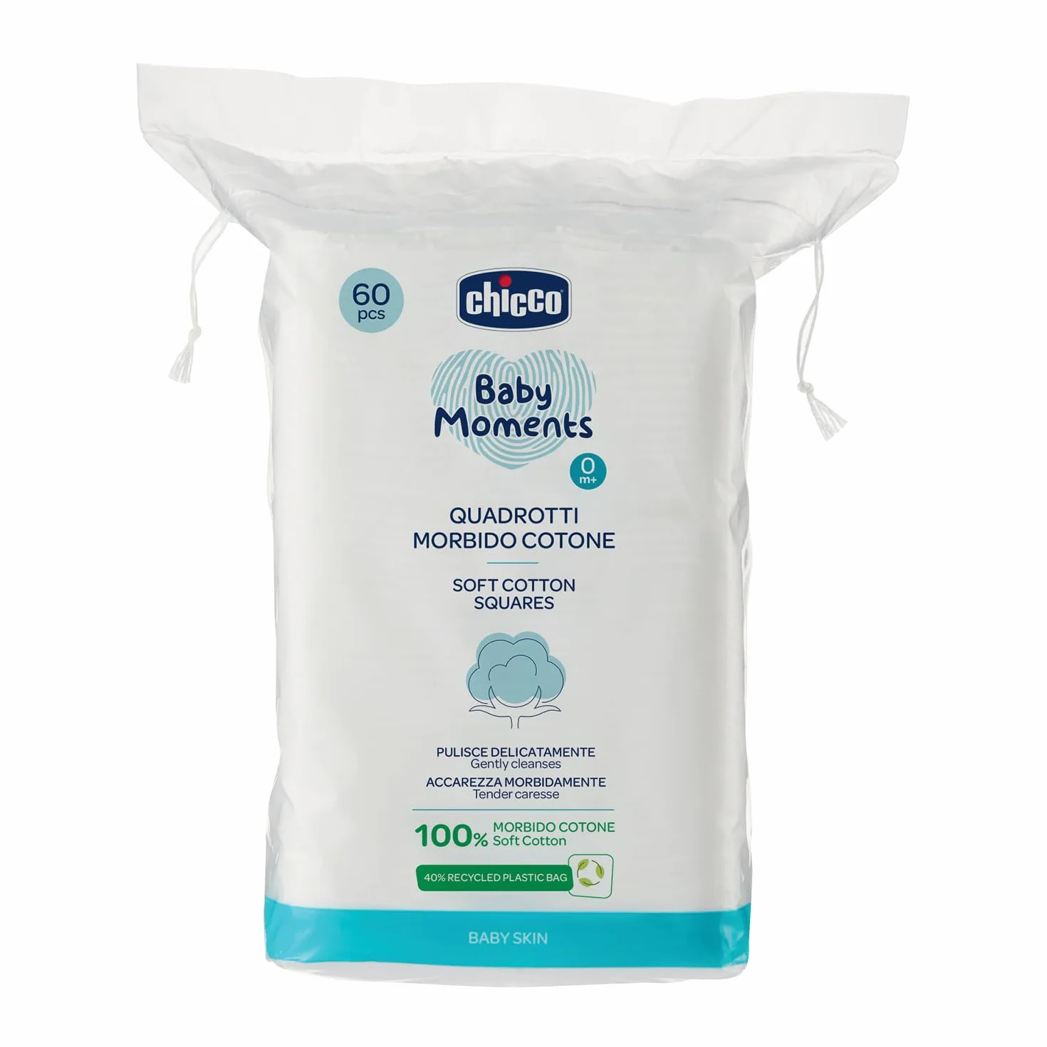 Chicco Baby Moments Quadrotti Morbido Cotone Pulisce Delicatamente Baby Skin Bianco 60 Pezzi 0+ Mesi